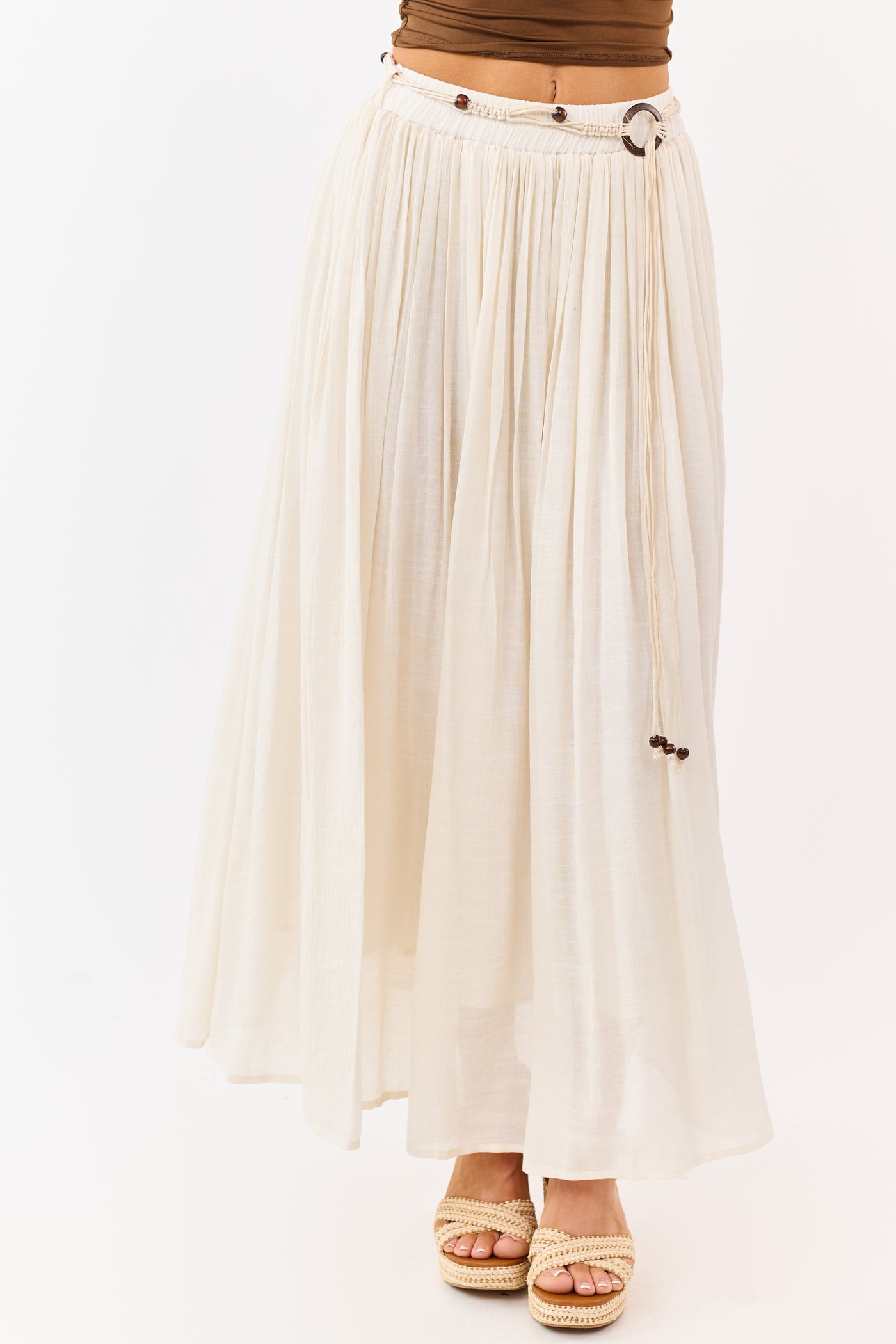 Mello Cream Flowy Boho Rope Belt Maxi Skirt