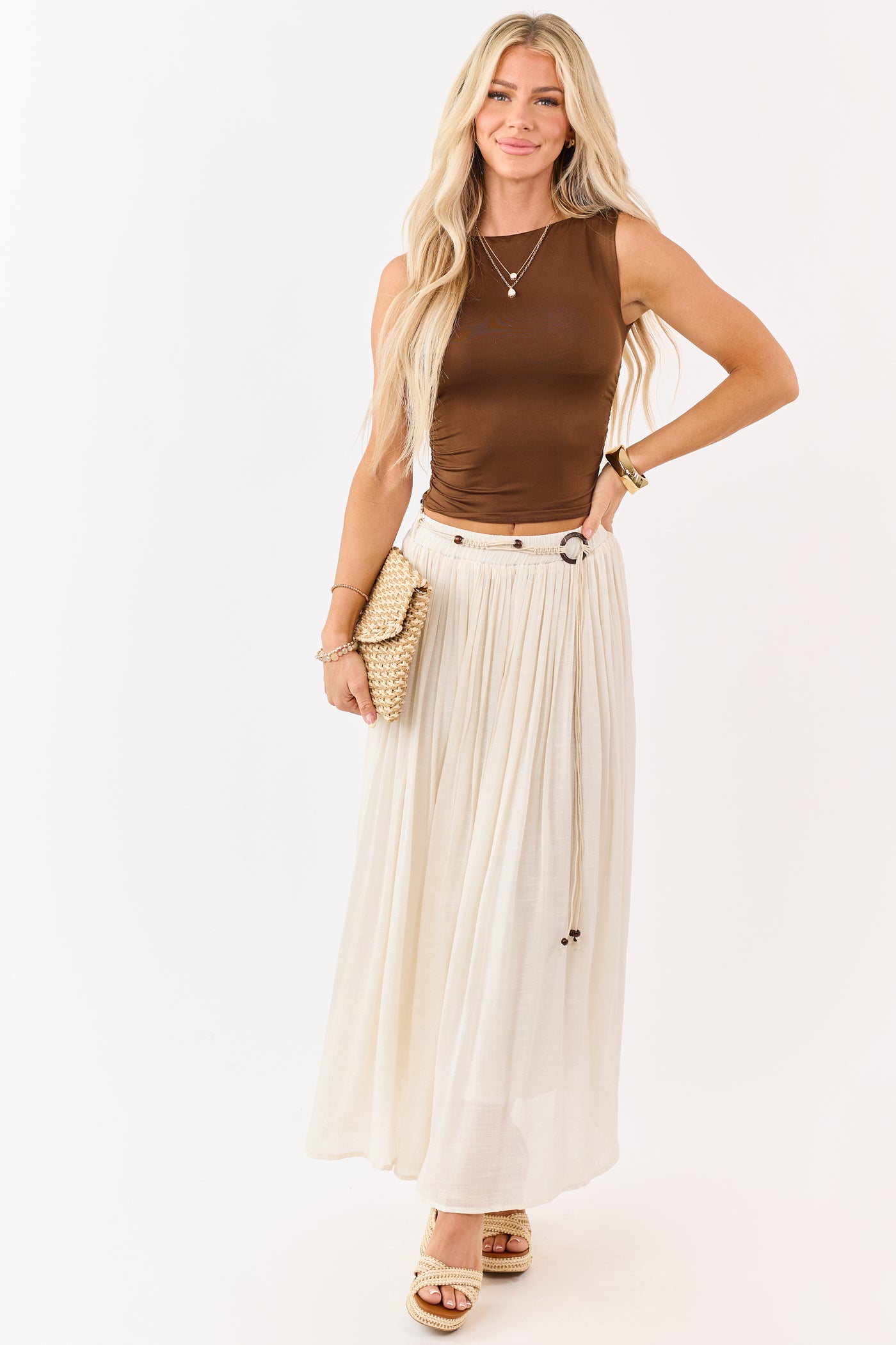 Mello Cream Flowy Boho Rope Belt Maxi Skirt