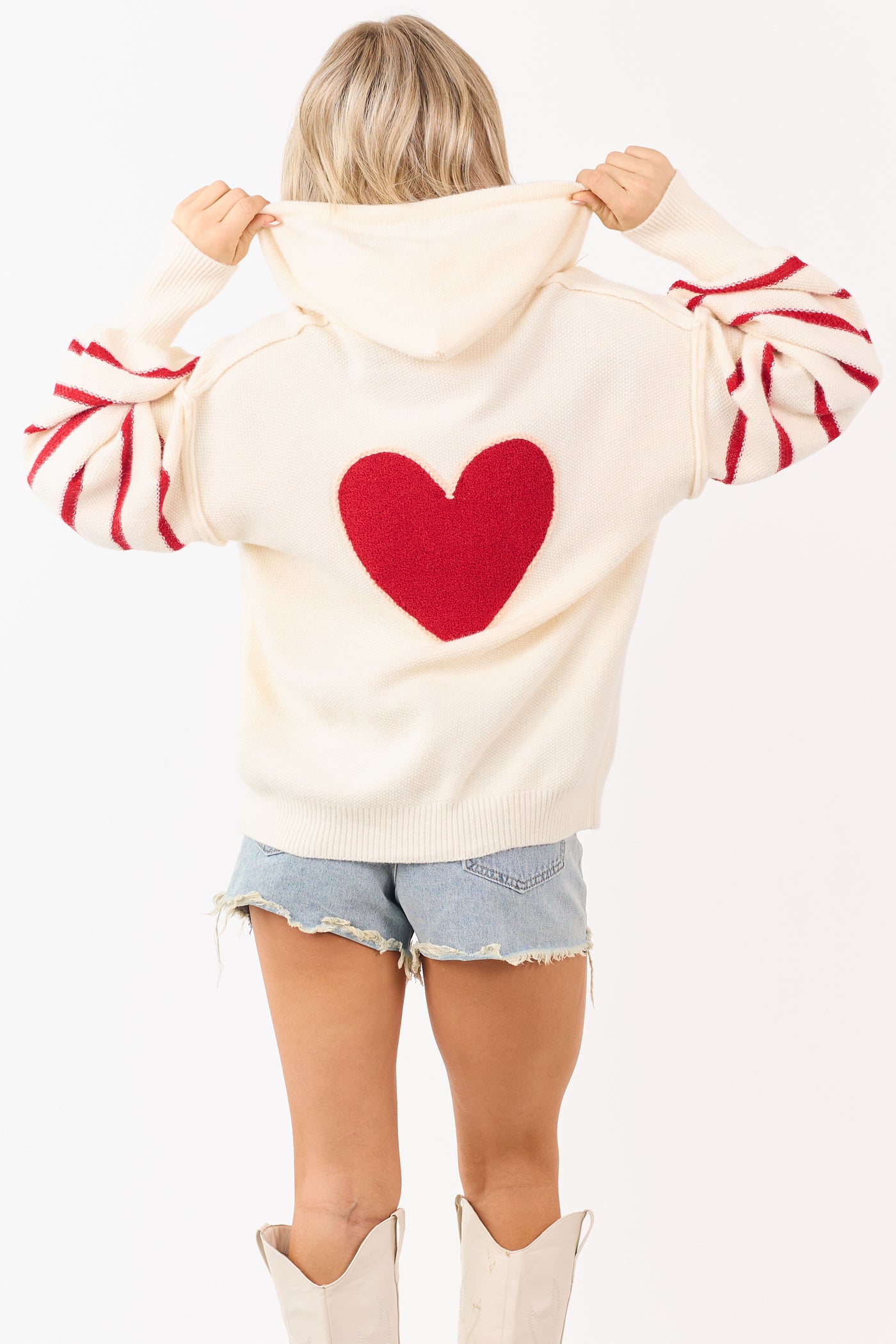 Mello Cream Heart Patch Stripe Sleeve Hooded Sweater