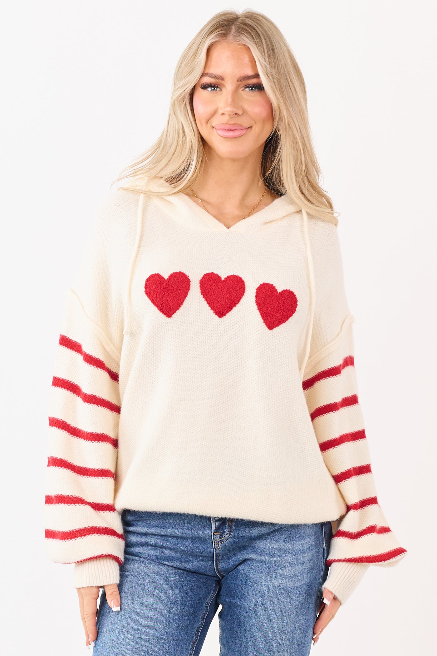 Mello Cream Heart Patch Stripe Sleeve Hooded Sweater
