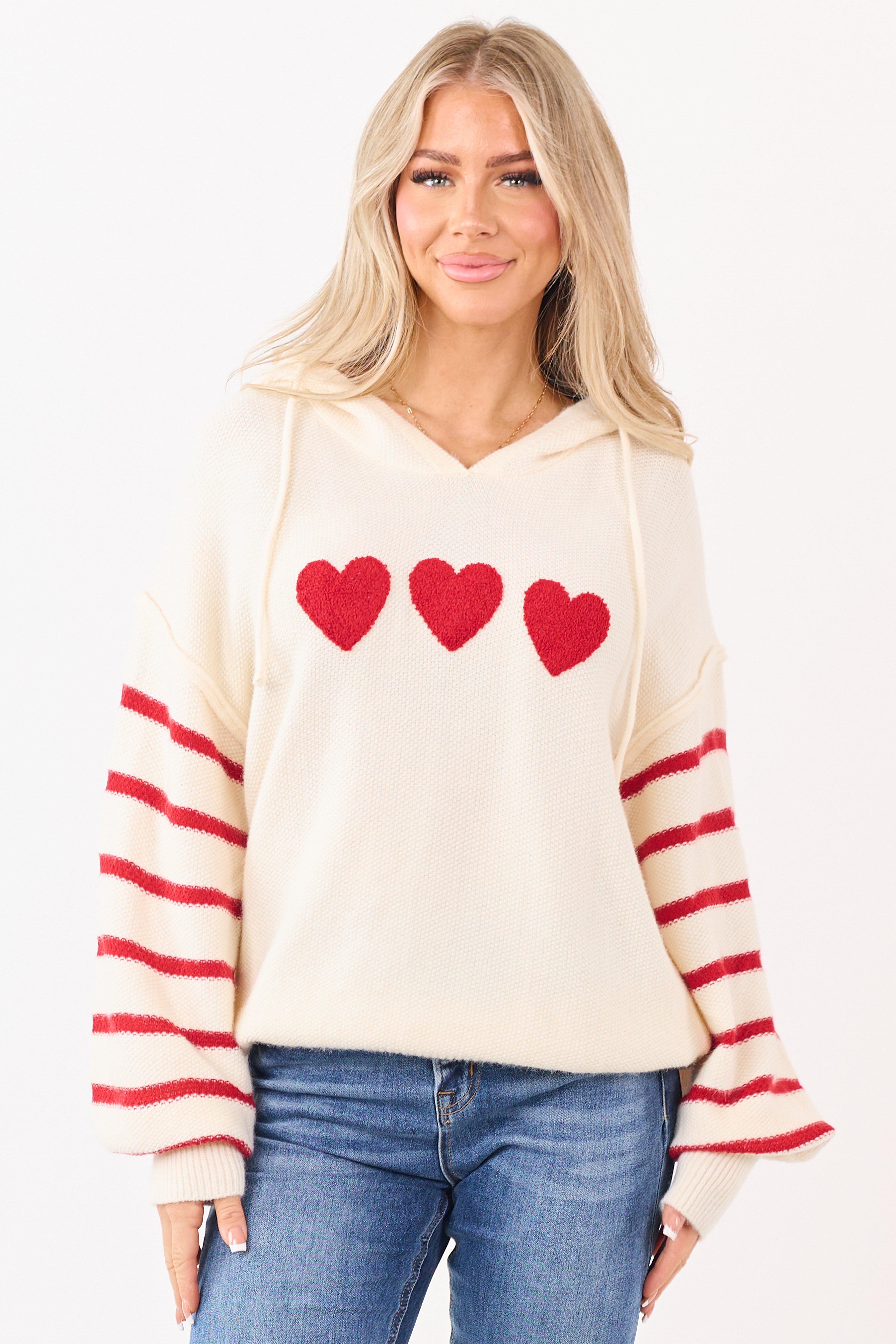 Mello Cream Heart Patch Stripe Sleeve Hooded Sweater