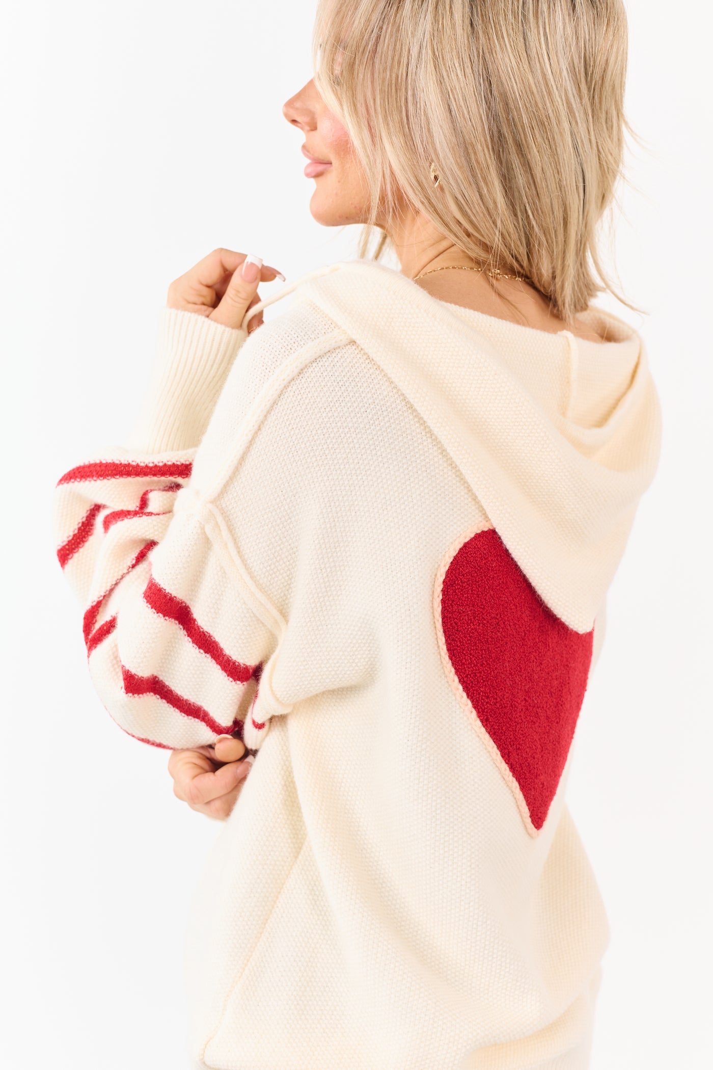 Mello Cream Heart Patch Stripe Sleeve Hooded Sweater