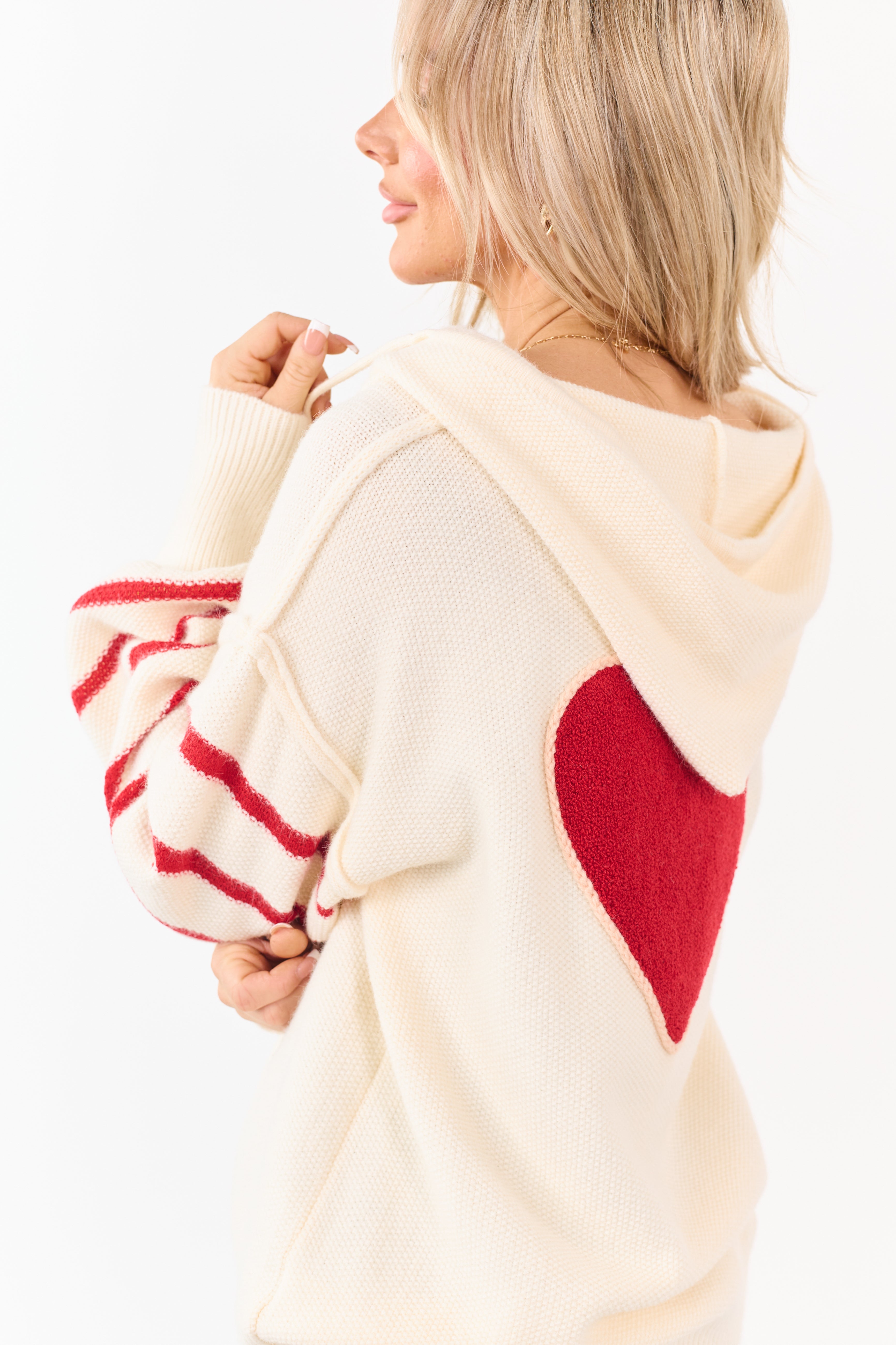 Mello Cream Heart Patch Stripe Sleeve Hooded Sweater