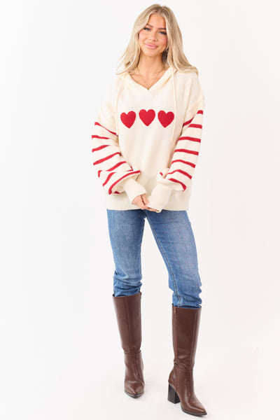 Mello Cream Heart Patch Stripe Sleeve Hooded Sweater