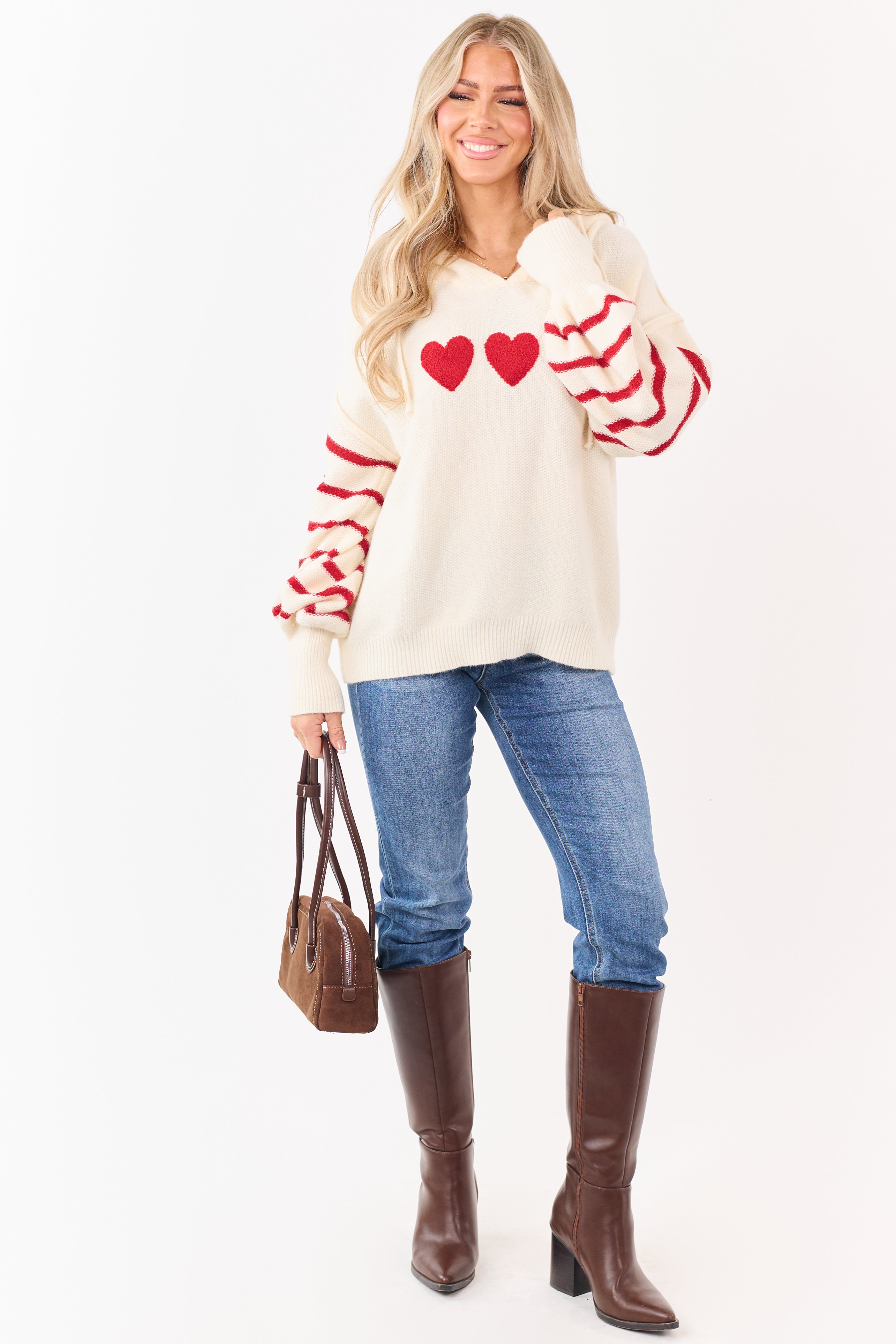 Mello Cream Heart Patch Stripe Sleeve Hooded Sweater