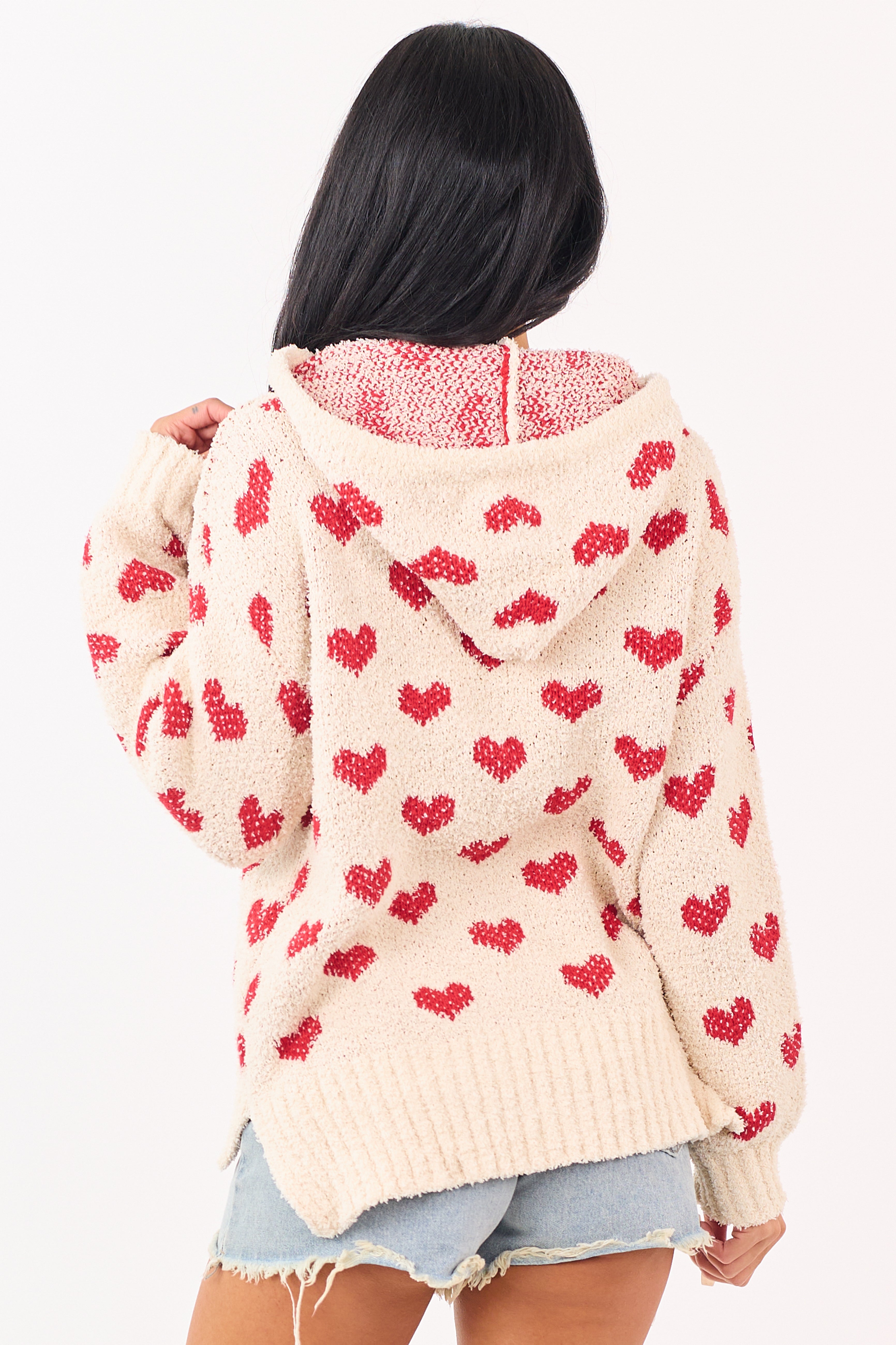 Mello Cream Heart Pattern Knit Sweater Hoodie