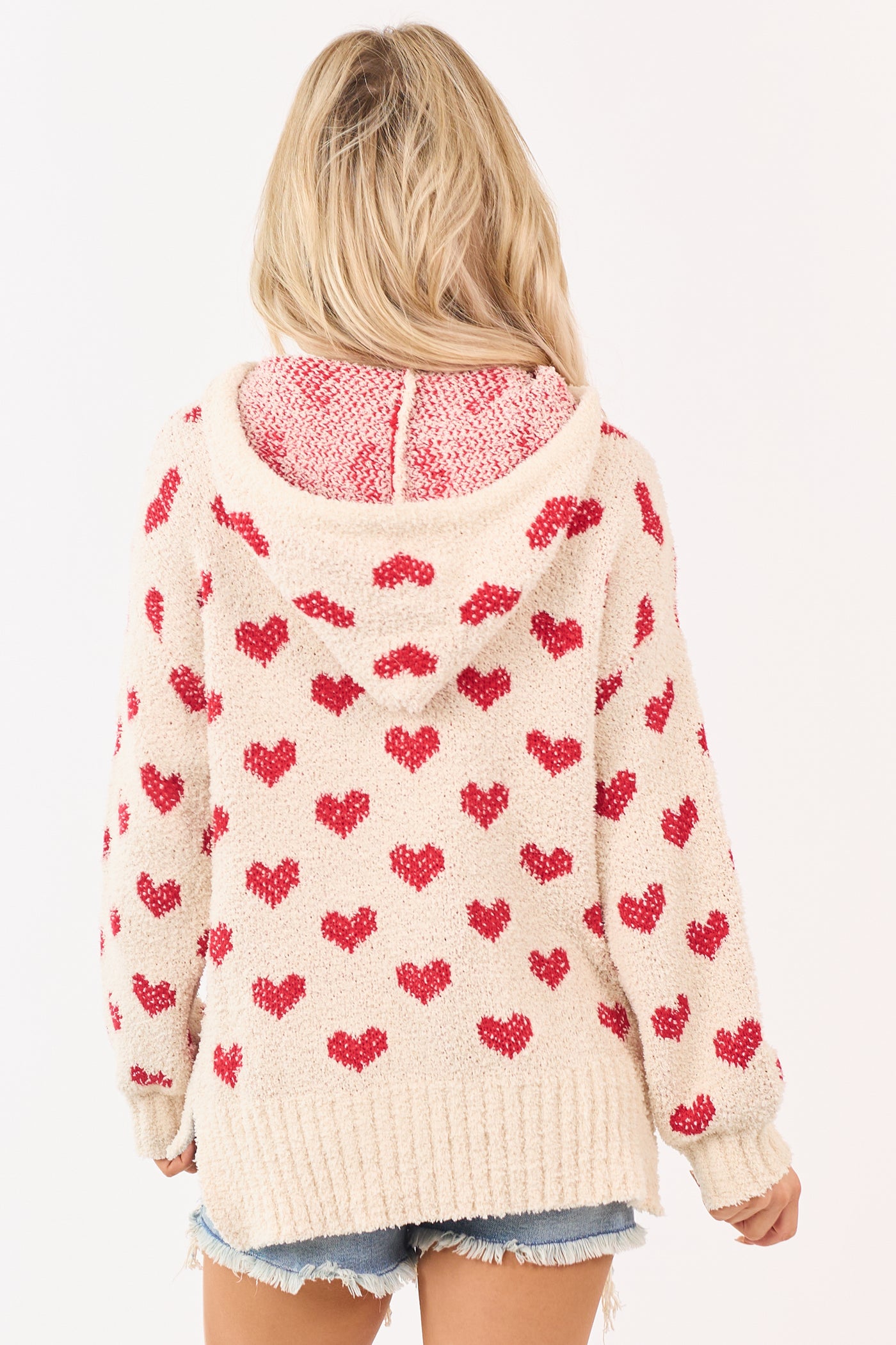 Mello Cream Heart Pattern Knit Sweater Hoodie