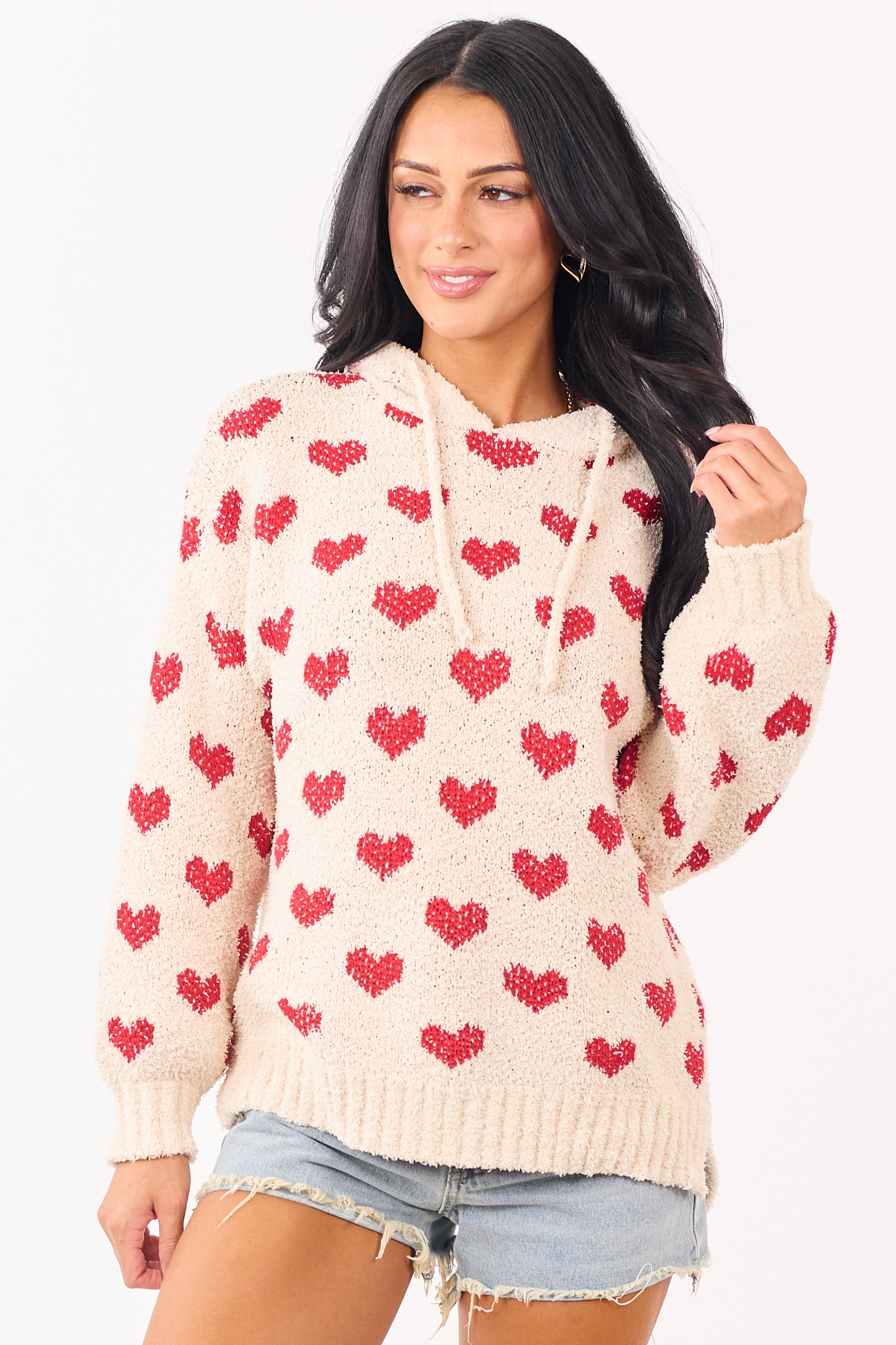 Mello Cream Heart Pattern Knit Sweater Hoodie