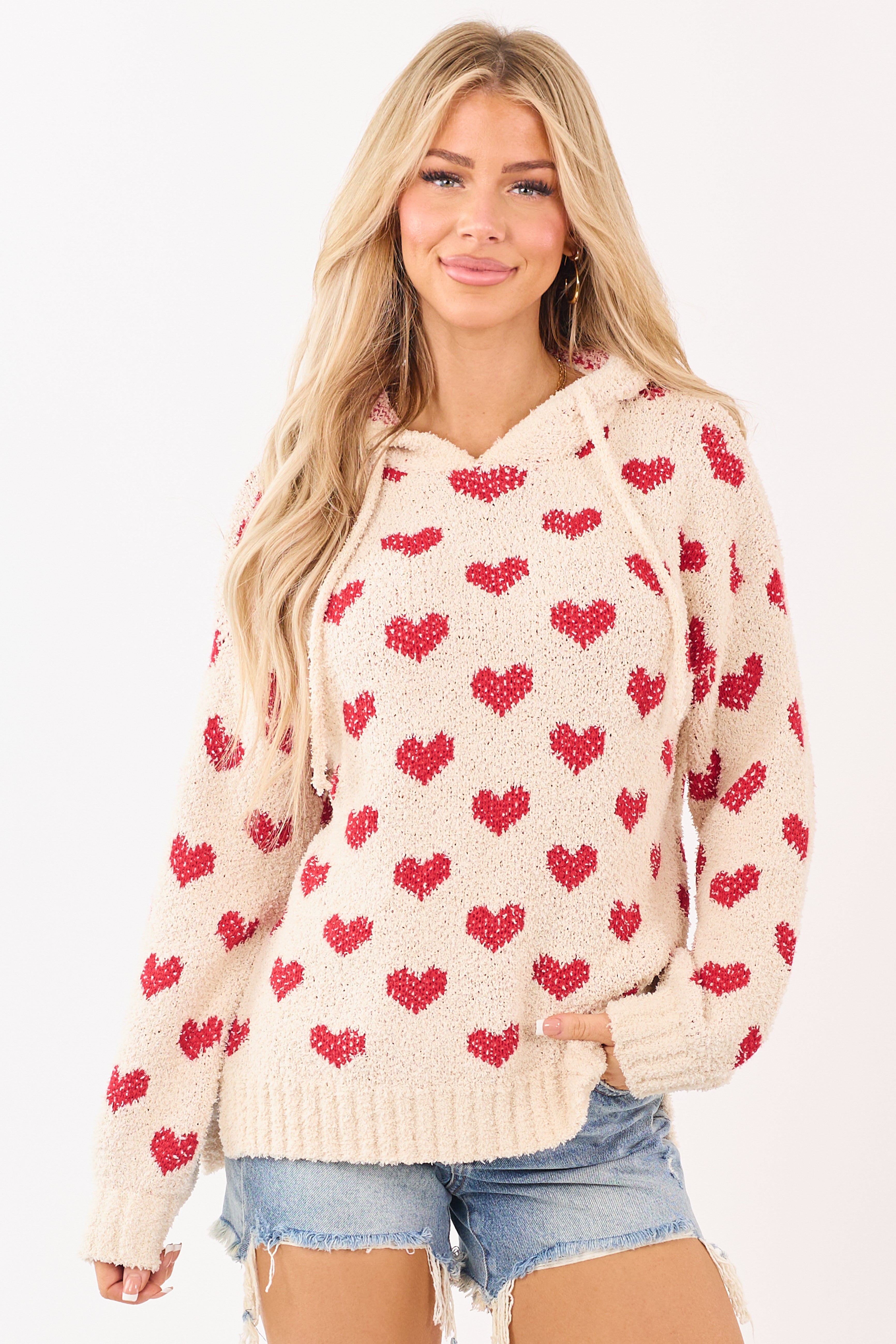 Mello Cream Heart Pattern Knit Sweater Hoodie | Lime Lush Boutique