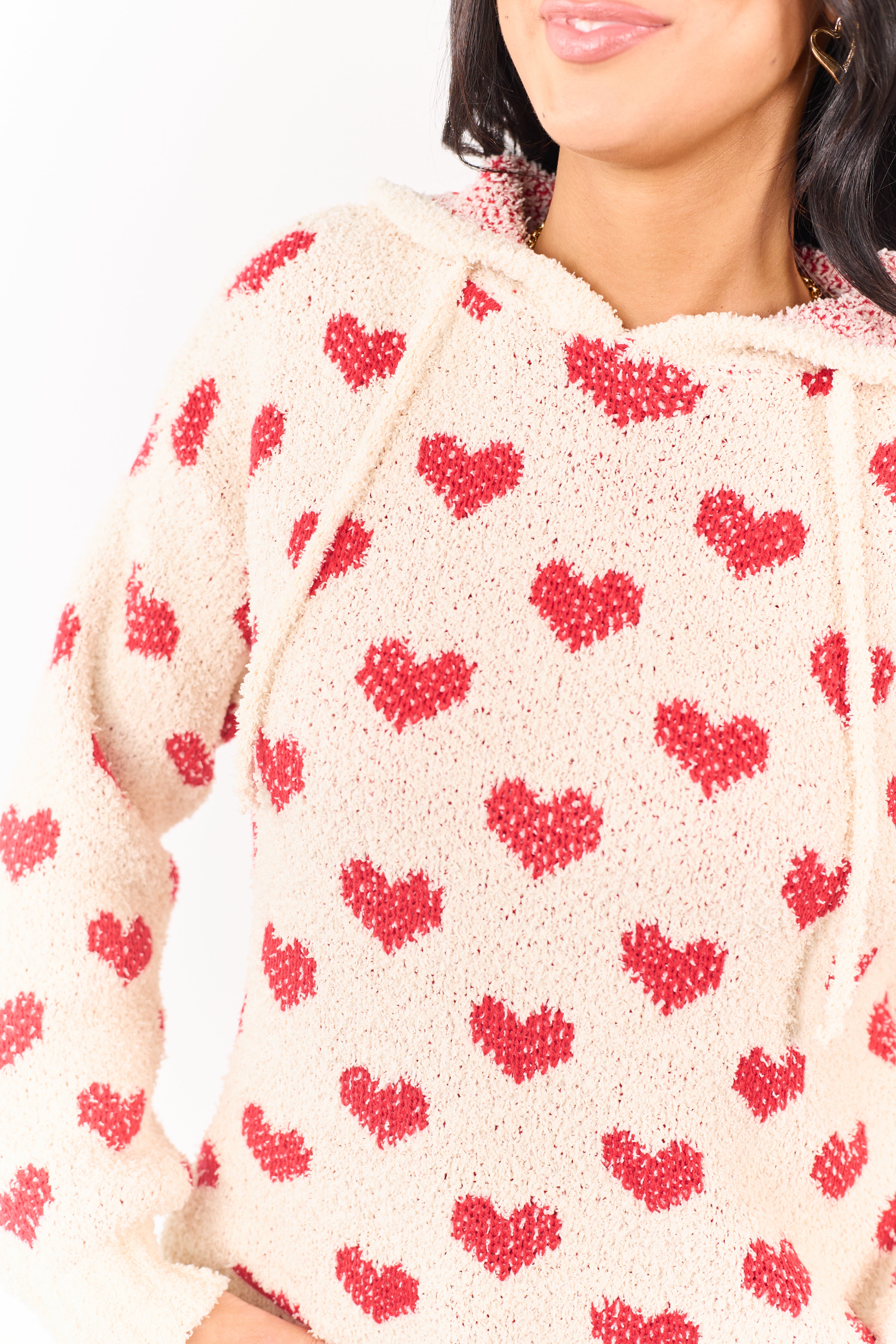 Mello Cream Heart Pattern Knit Sweater Hoodie