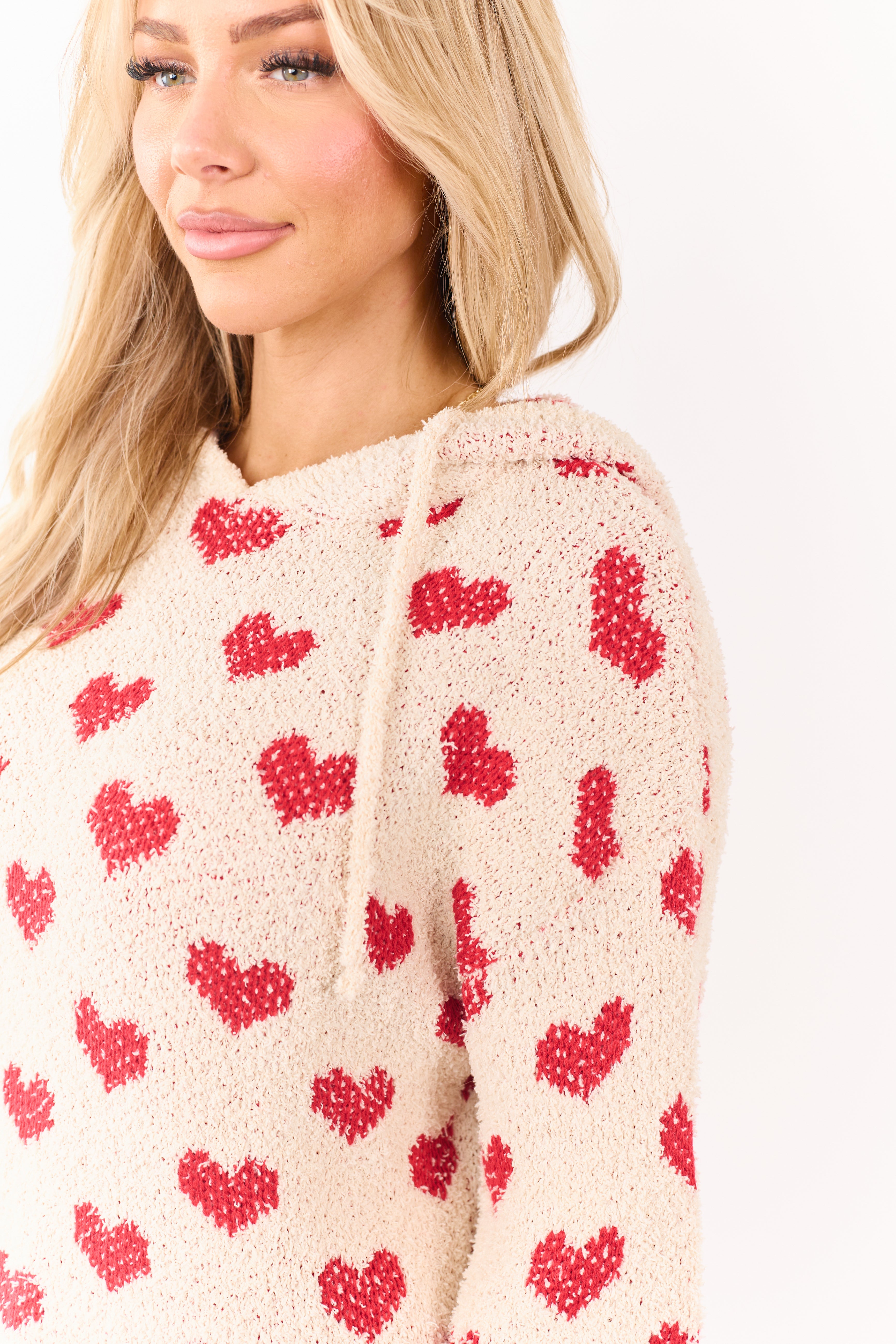 Mello Cream Heart Pattern Knit Sweater Hoodie