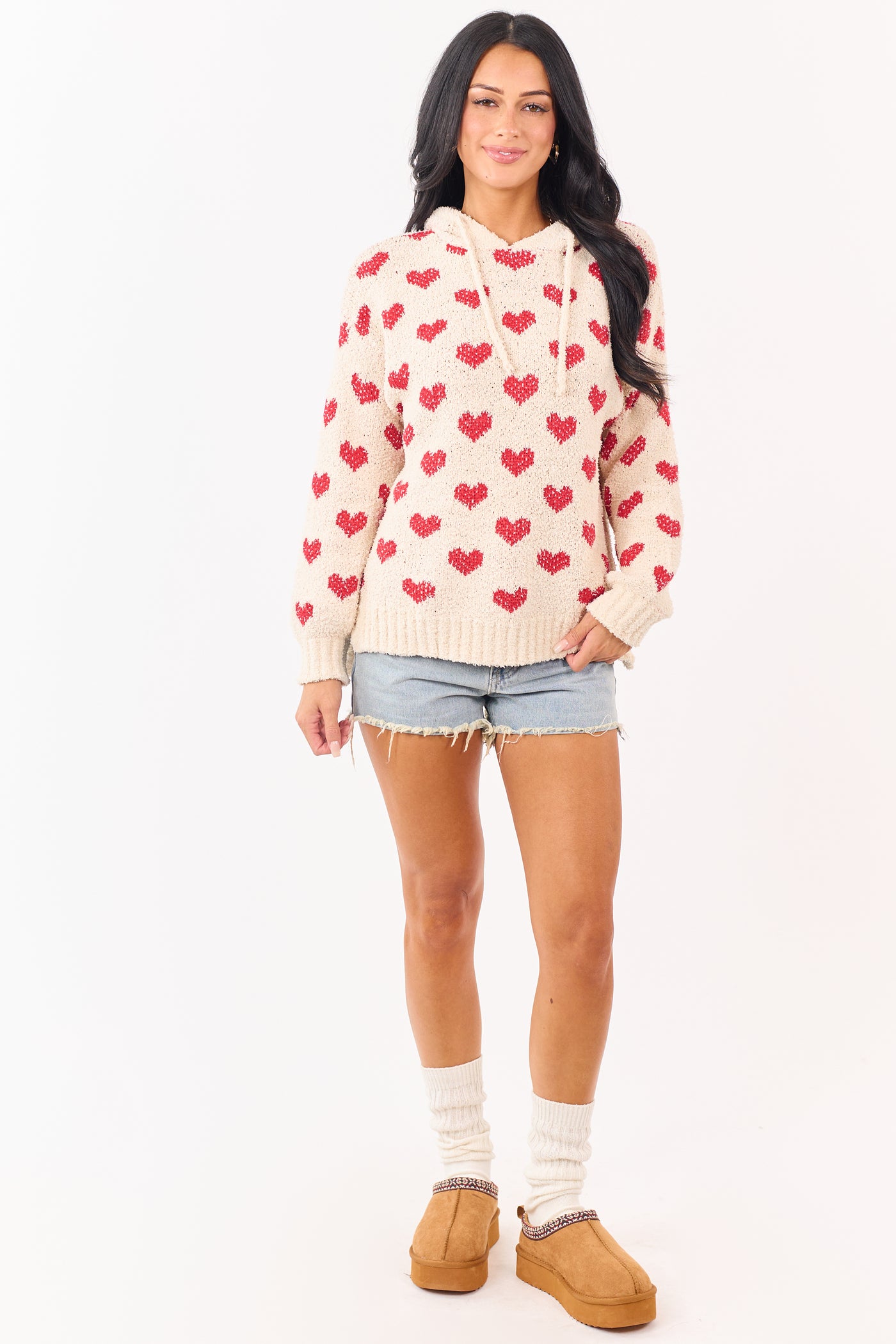 Mello Cream Heart Pattern Knit Sweater Hoodie