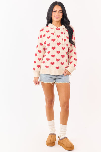 Mello Cream Heart Pattern Knit Sweater Hoodie