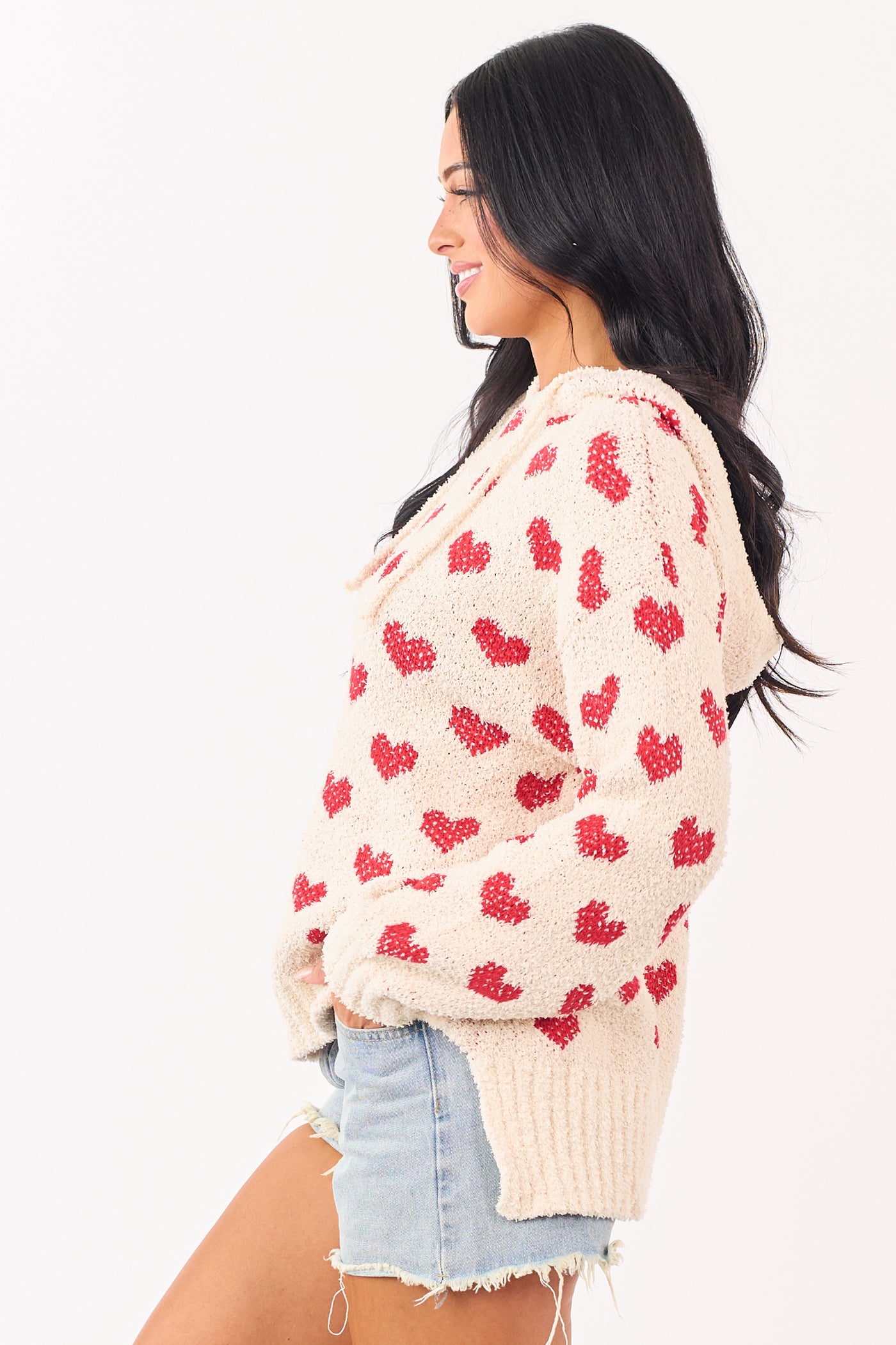 Mello Cream Heart Pattern Knit Sweater Hoodie