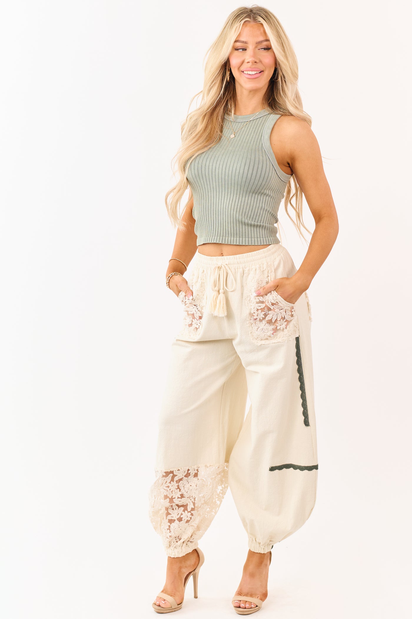 Mello Cream Lace Detail Cotton Jogger Pants