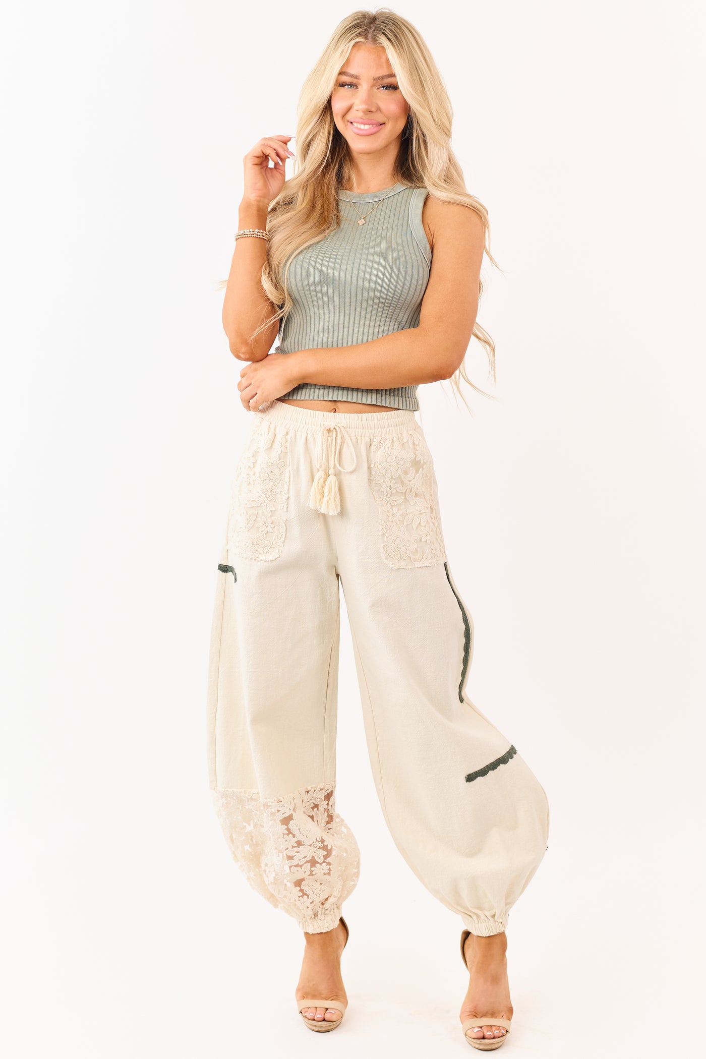 Mello Cream Lace Detail Cotton Jogger Pants