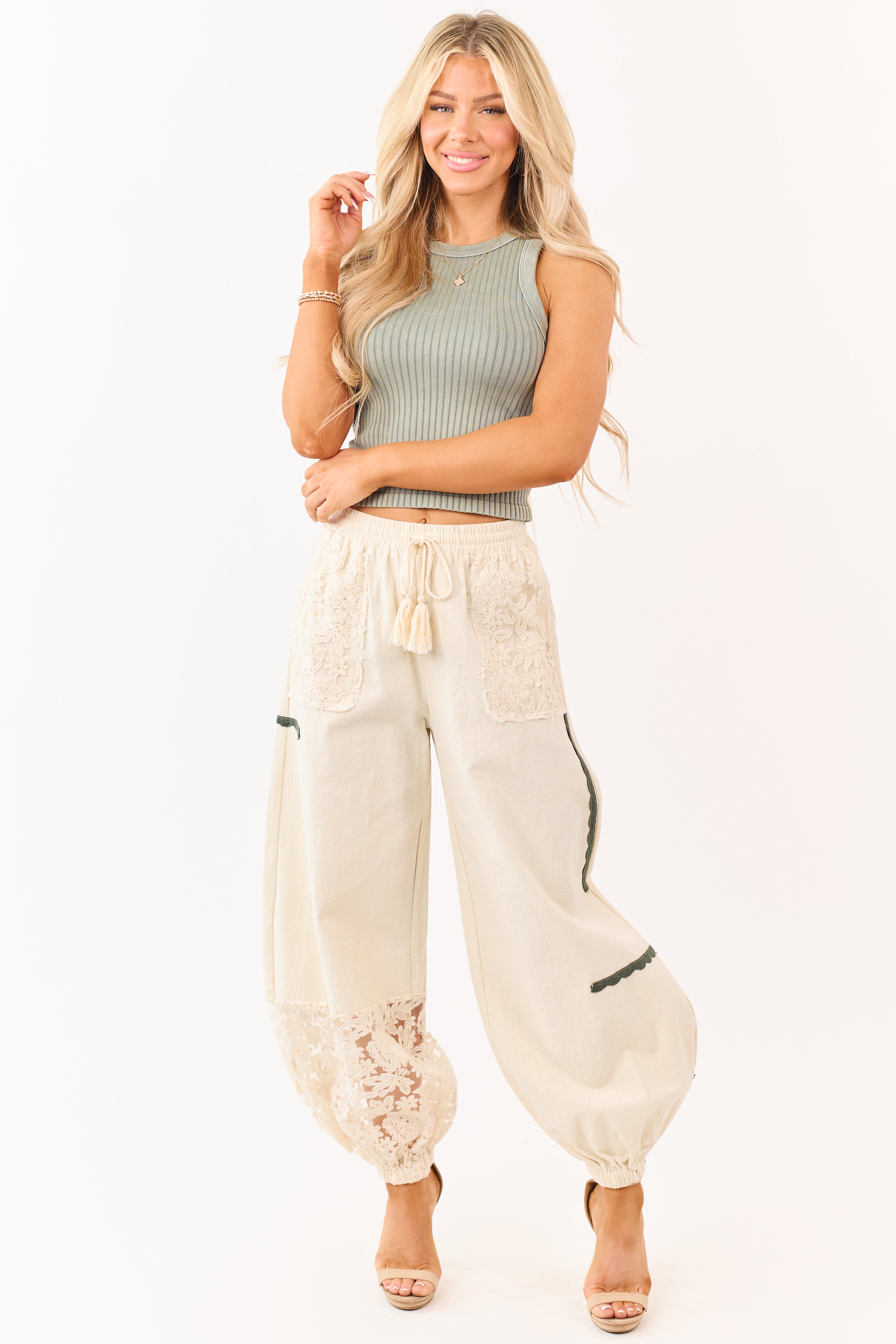 Mello Cream Lace Detail Cotton Jogger Pants
