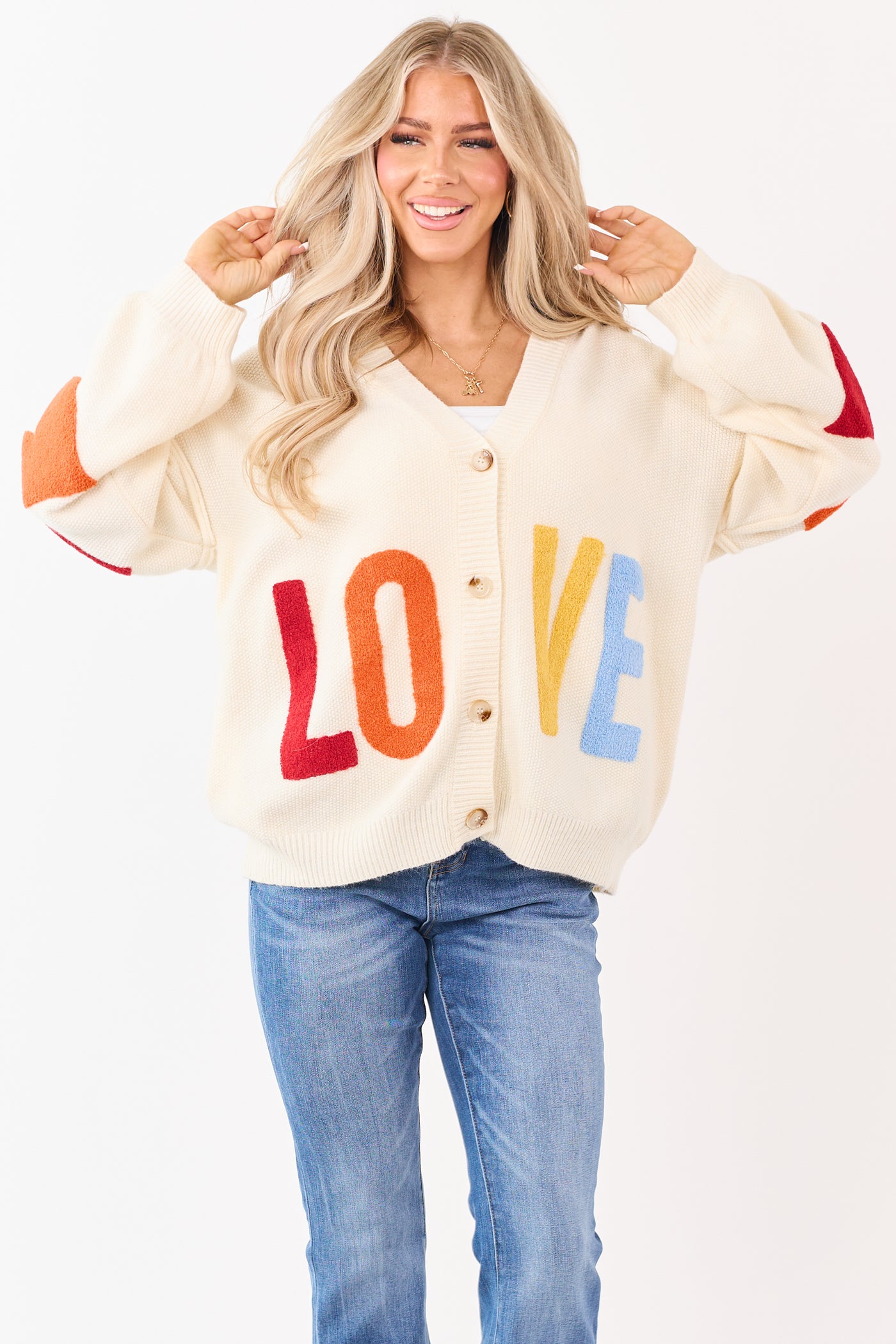Mello Cream 'Love' Lettering Heart Patchwork Cardigan