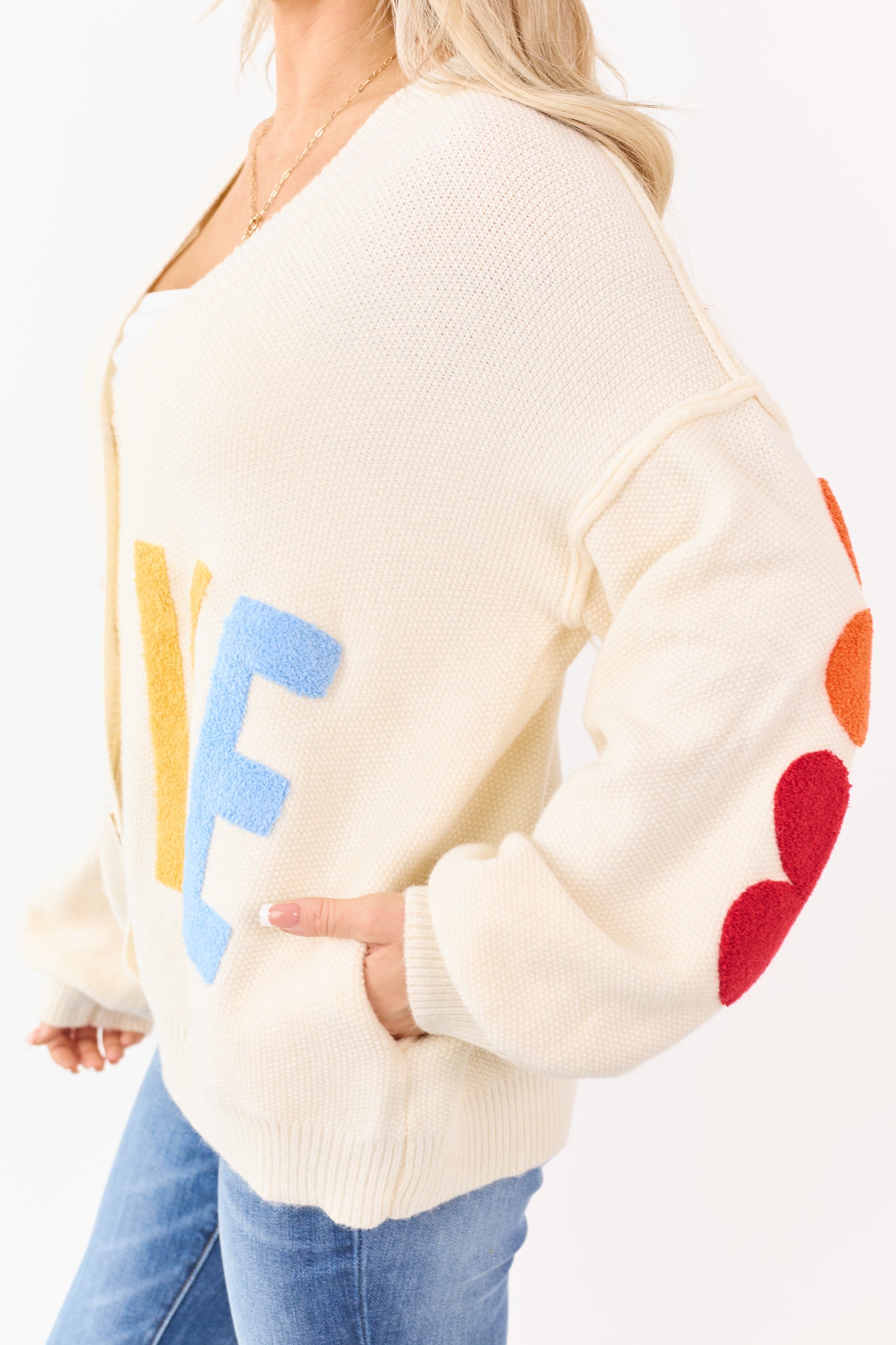 Mello Cream 'Love' Lettering Heart Patchwork Cardigan