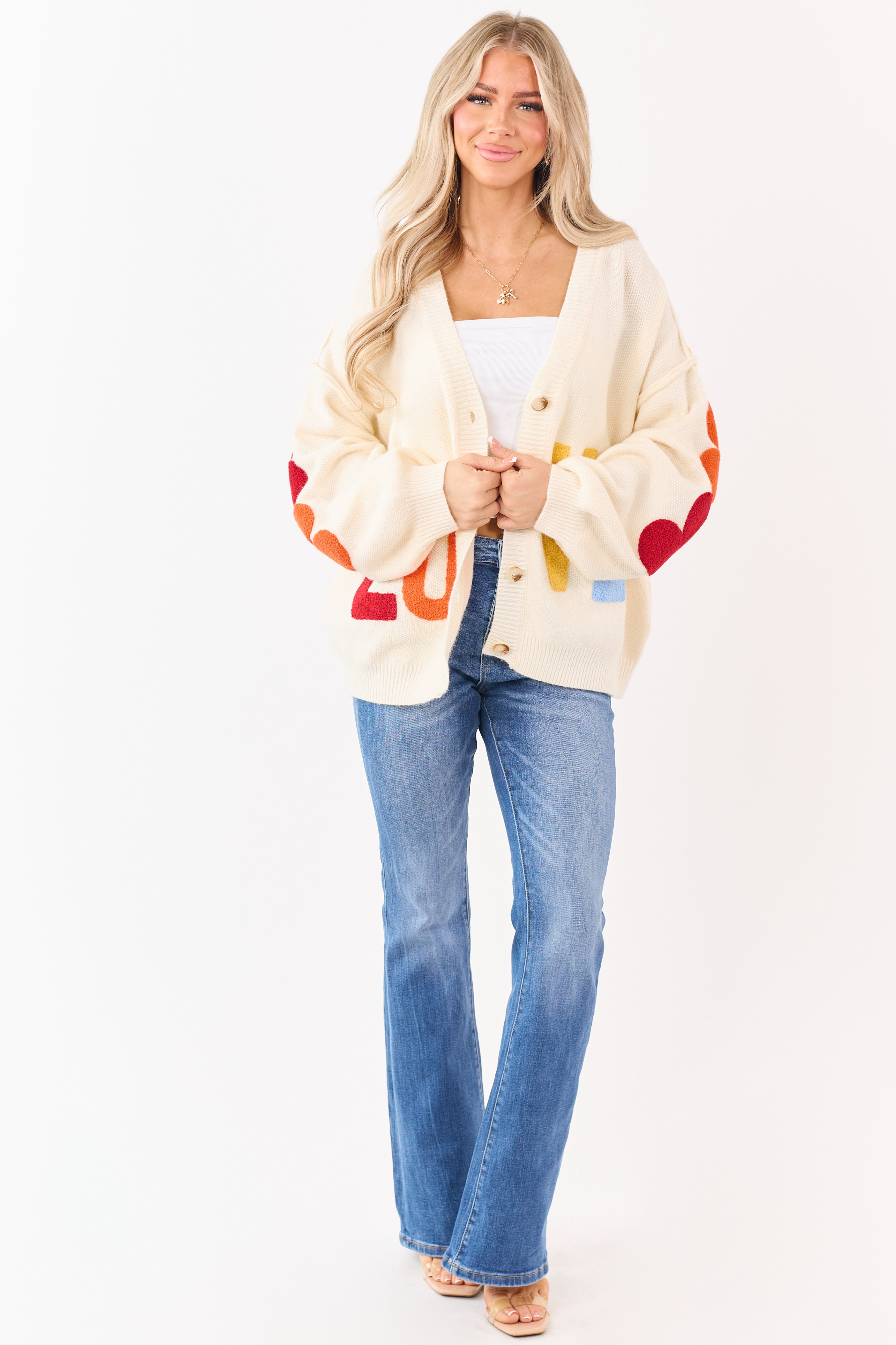 Mello Cream 'Love' Lettering Heart Patchwork Cardigan