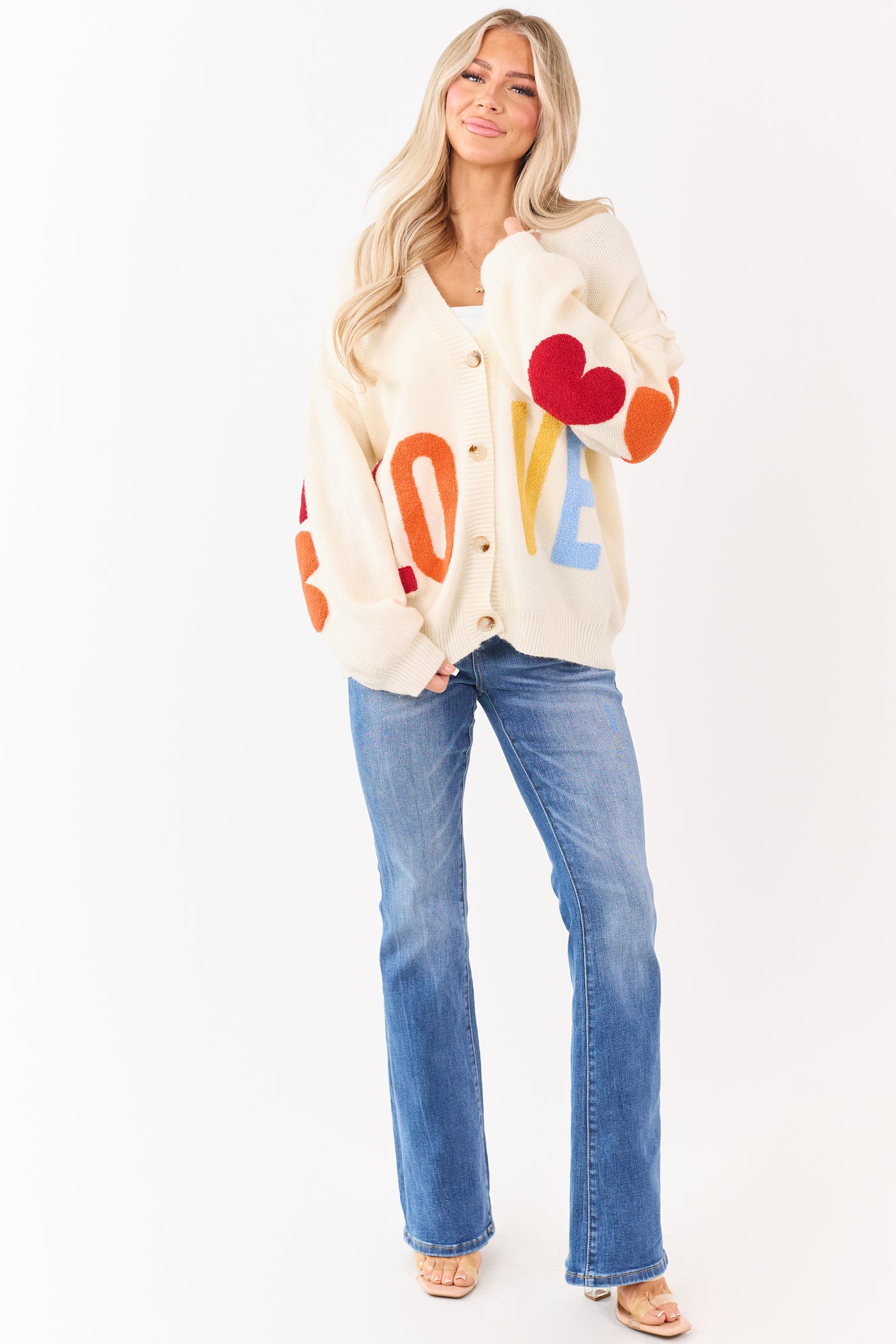 Mello Cream 'Love' Lettering Heart Patchwork Cardigan