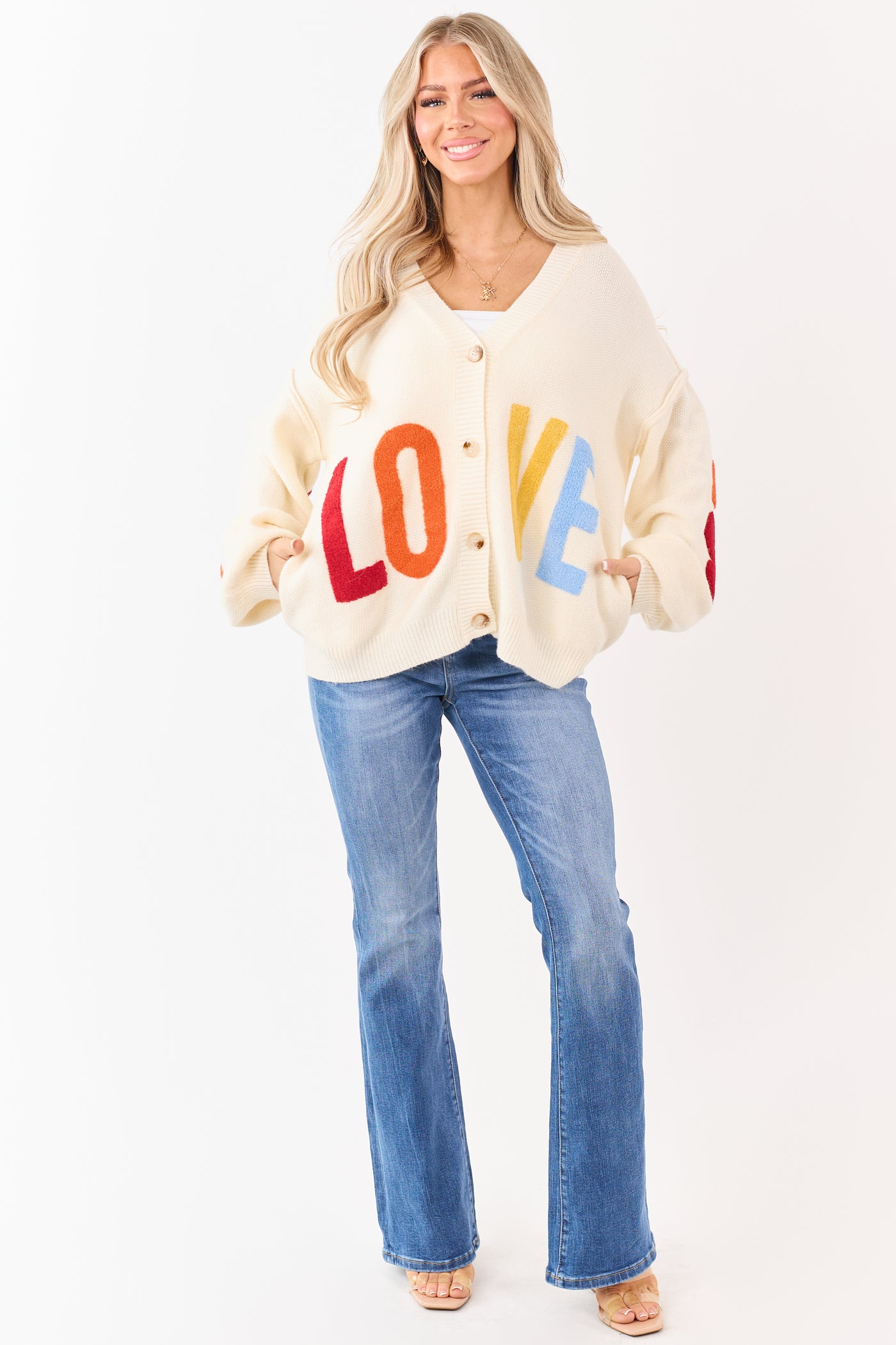 Mello Cream 'Love' Lettering Heart Patchwork Cardigan