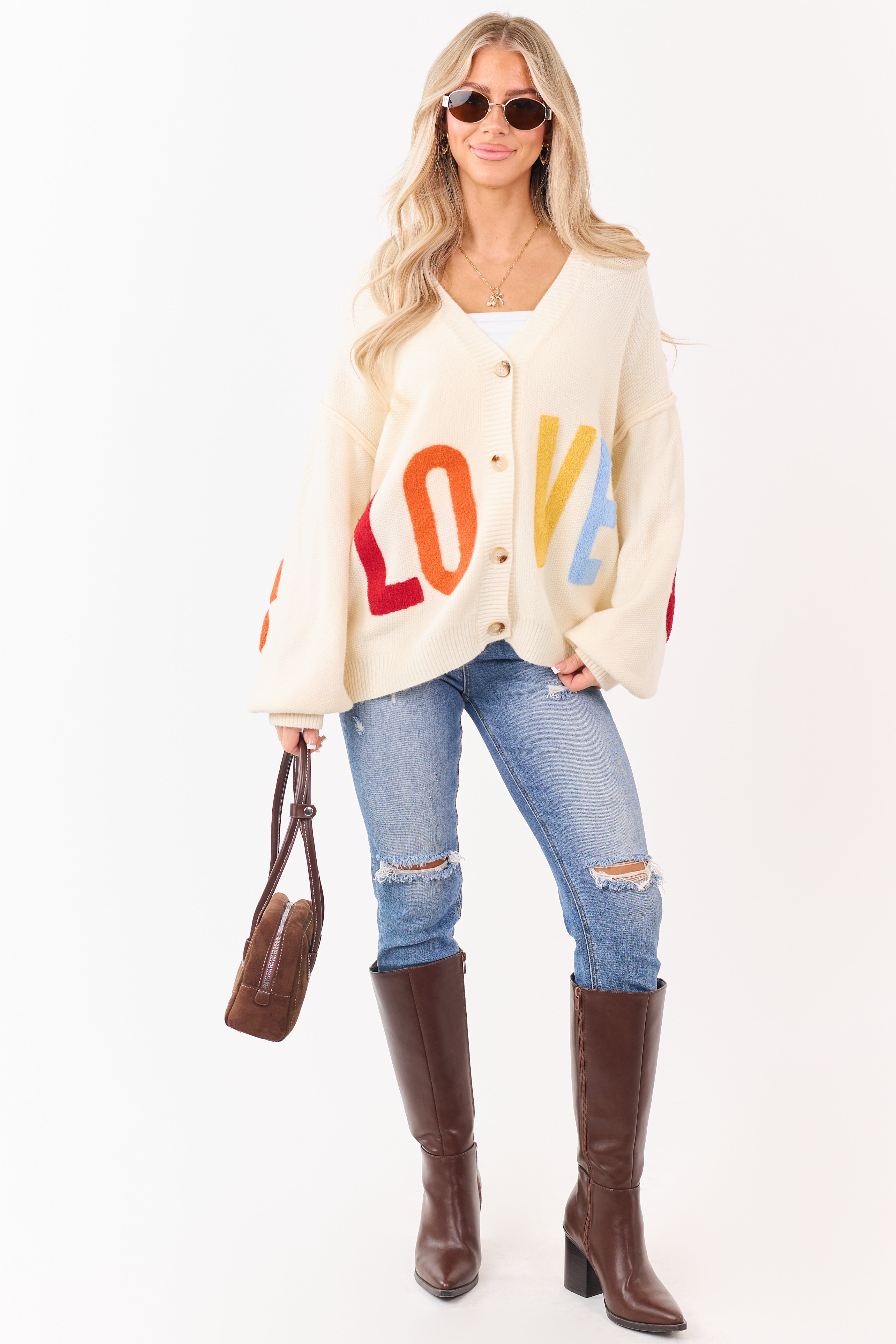 Mello Cream 'Love' Lettering Heart Patchwork Cardigan