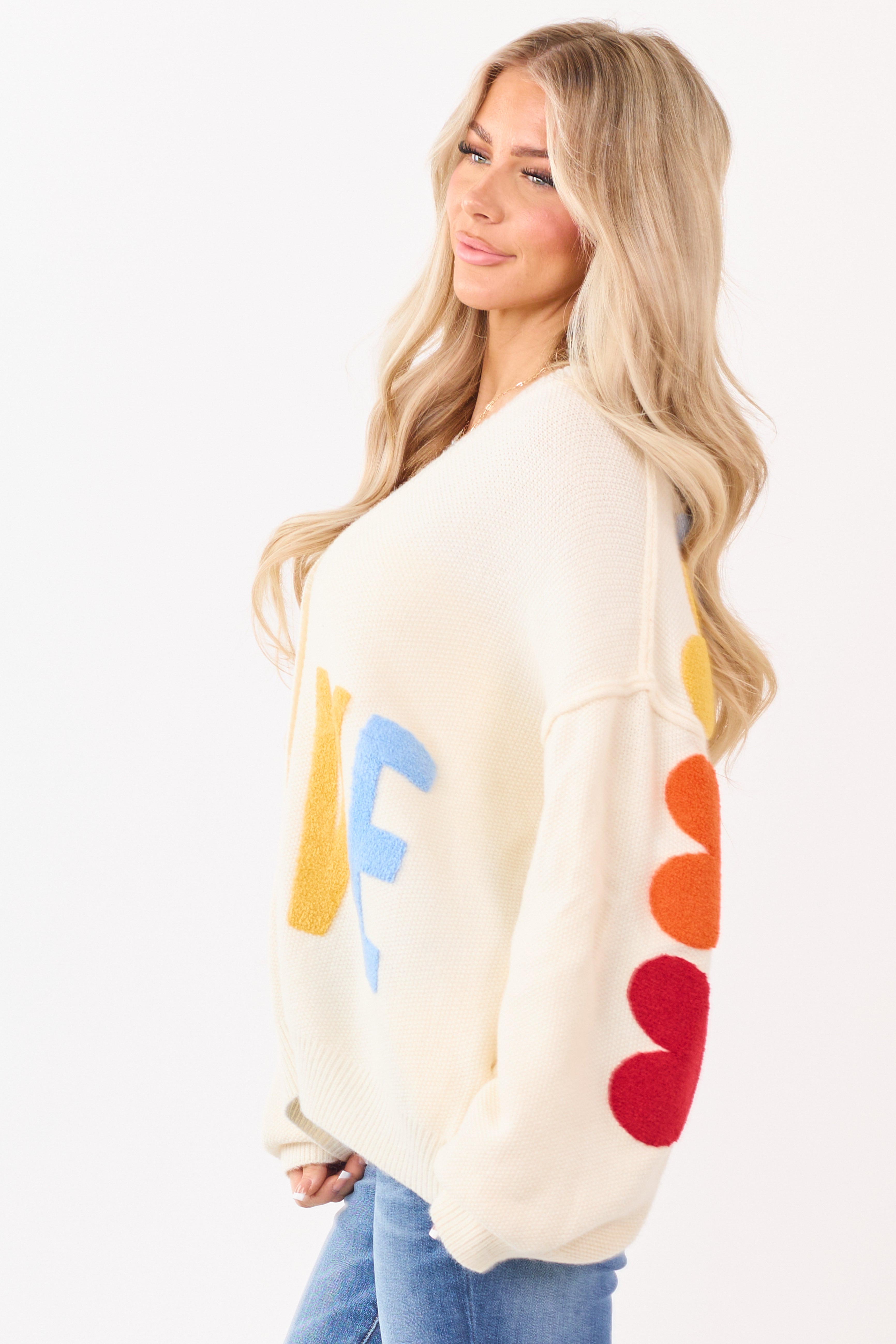 Mello Cream 'Love' Lettering Heart Patchwork Cardigan | Lime Lush Boutique