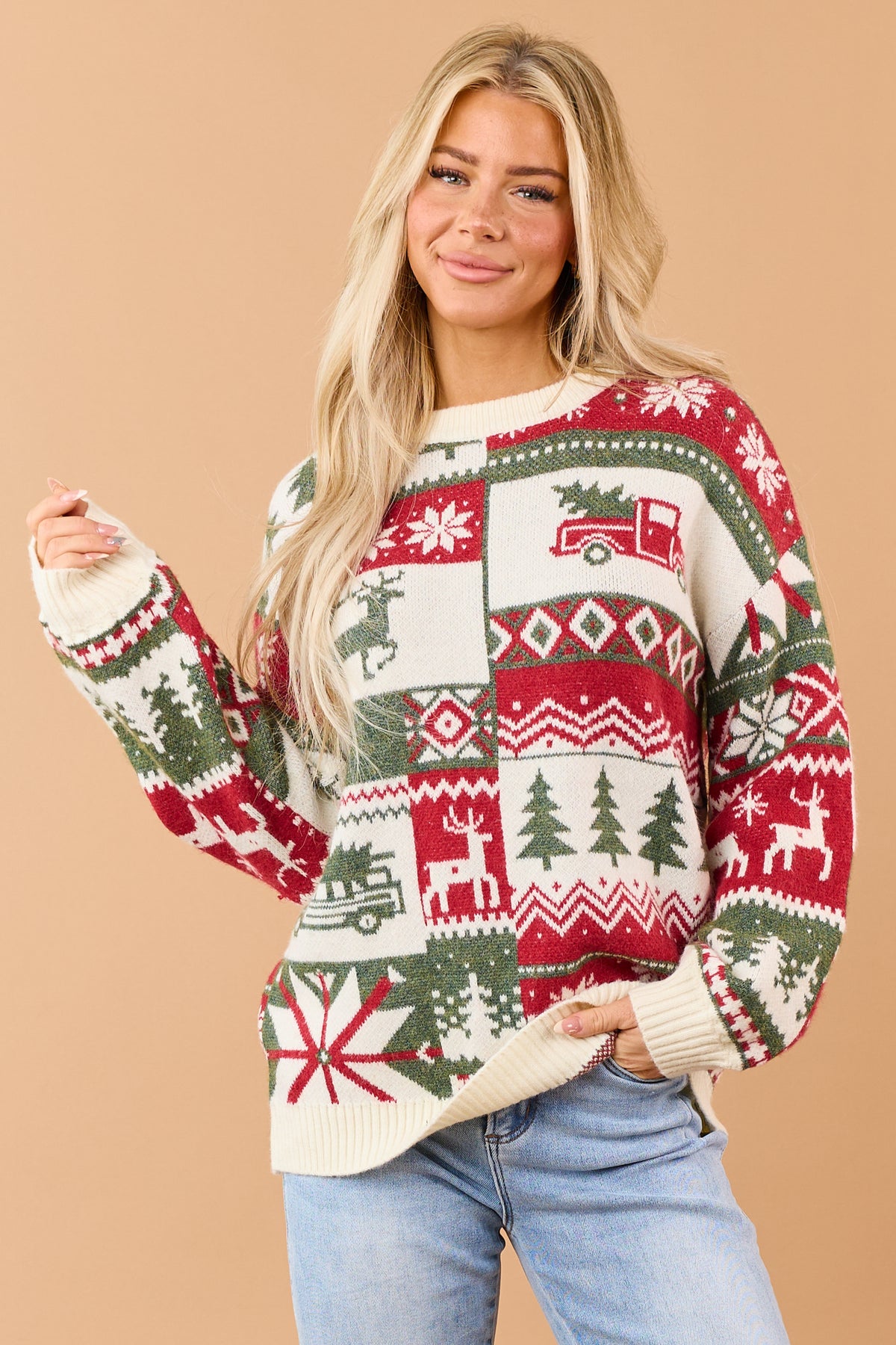 Mello Cream Rib Knit Nordic Christmas Sweater