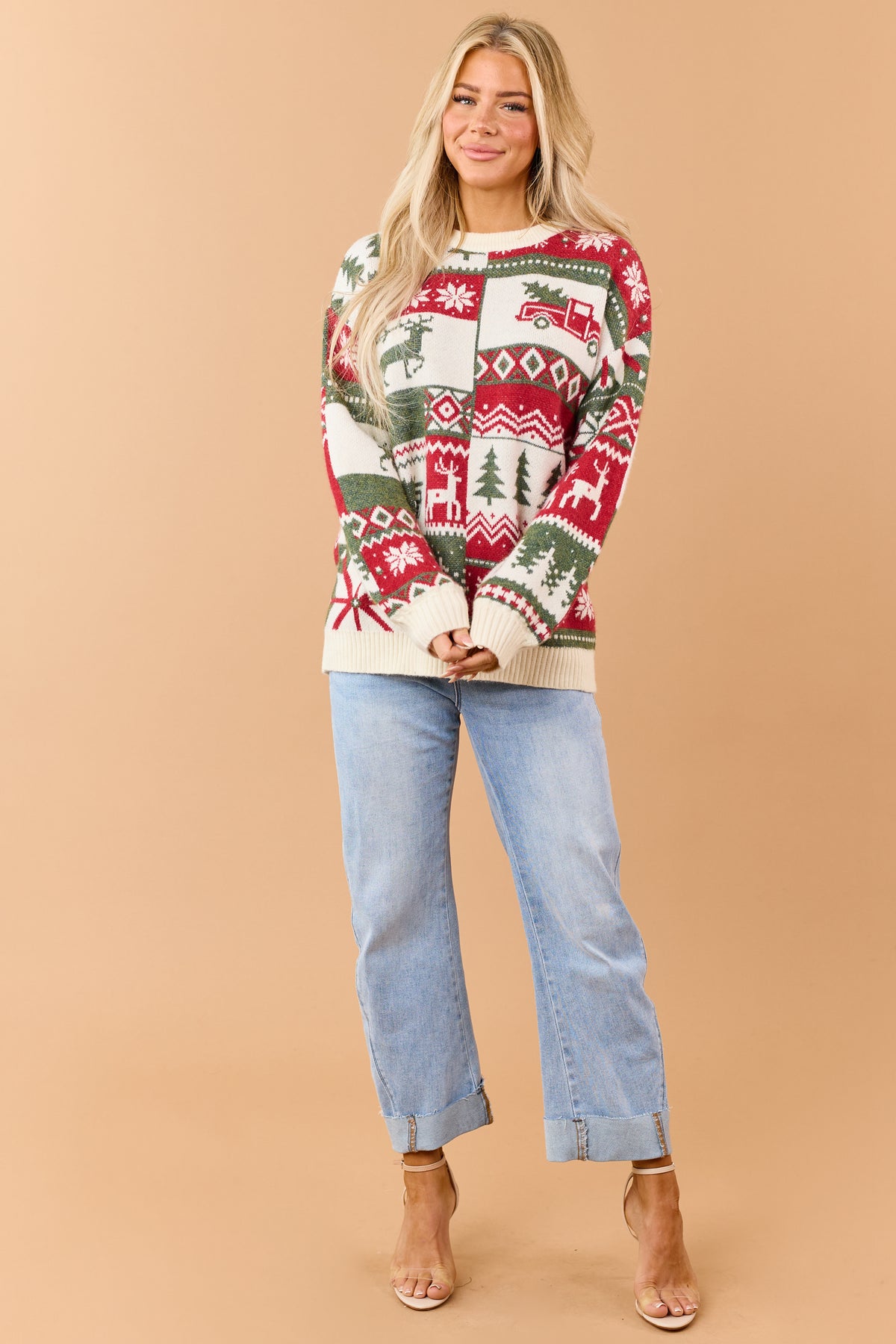 Mello Cream Rib Knit Nordic Christmas Sweater
