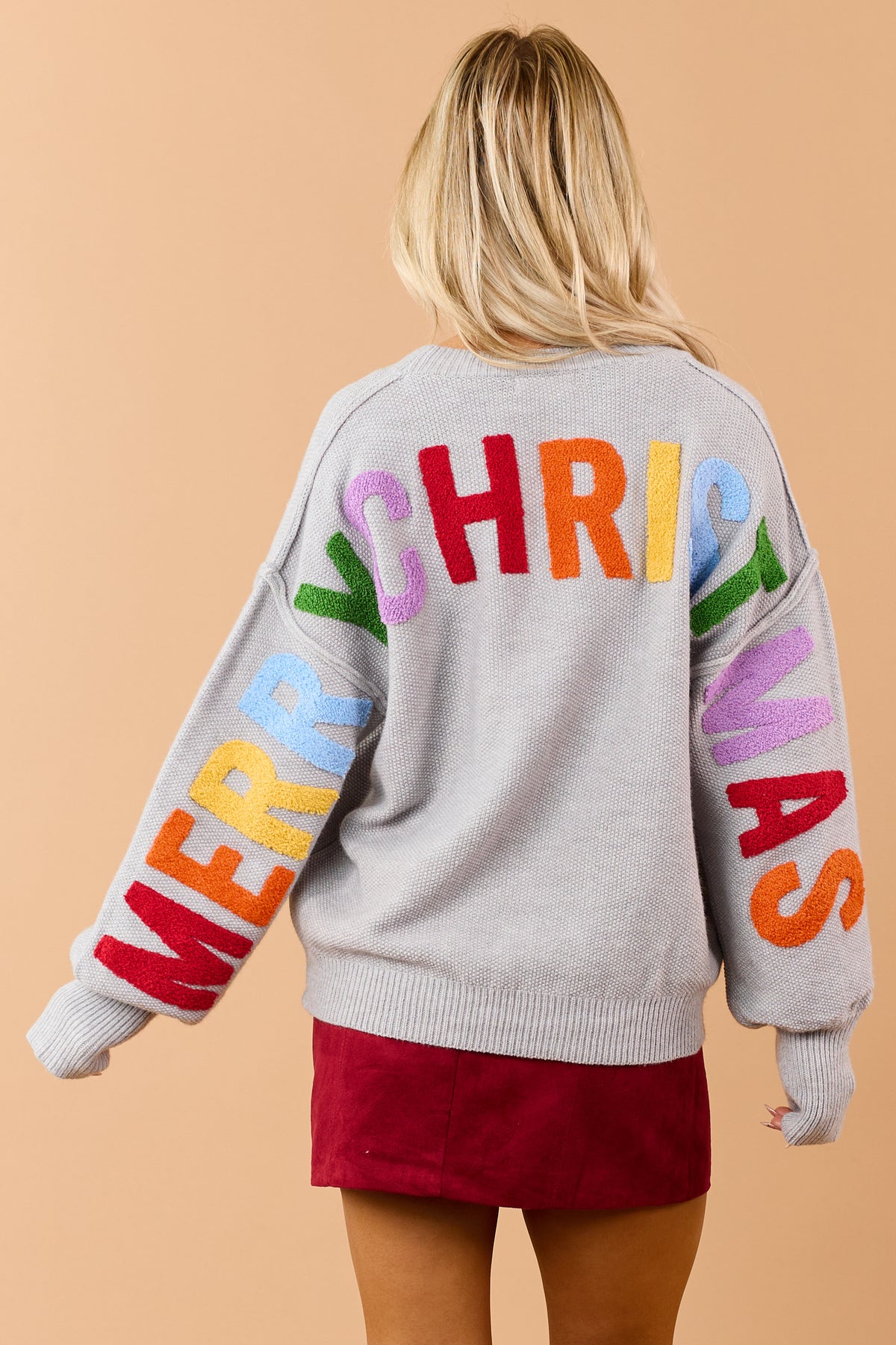 Mello Dove Grey Christmas Lettering Waffle Knit Sweater