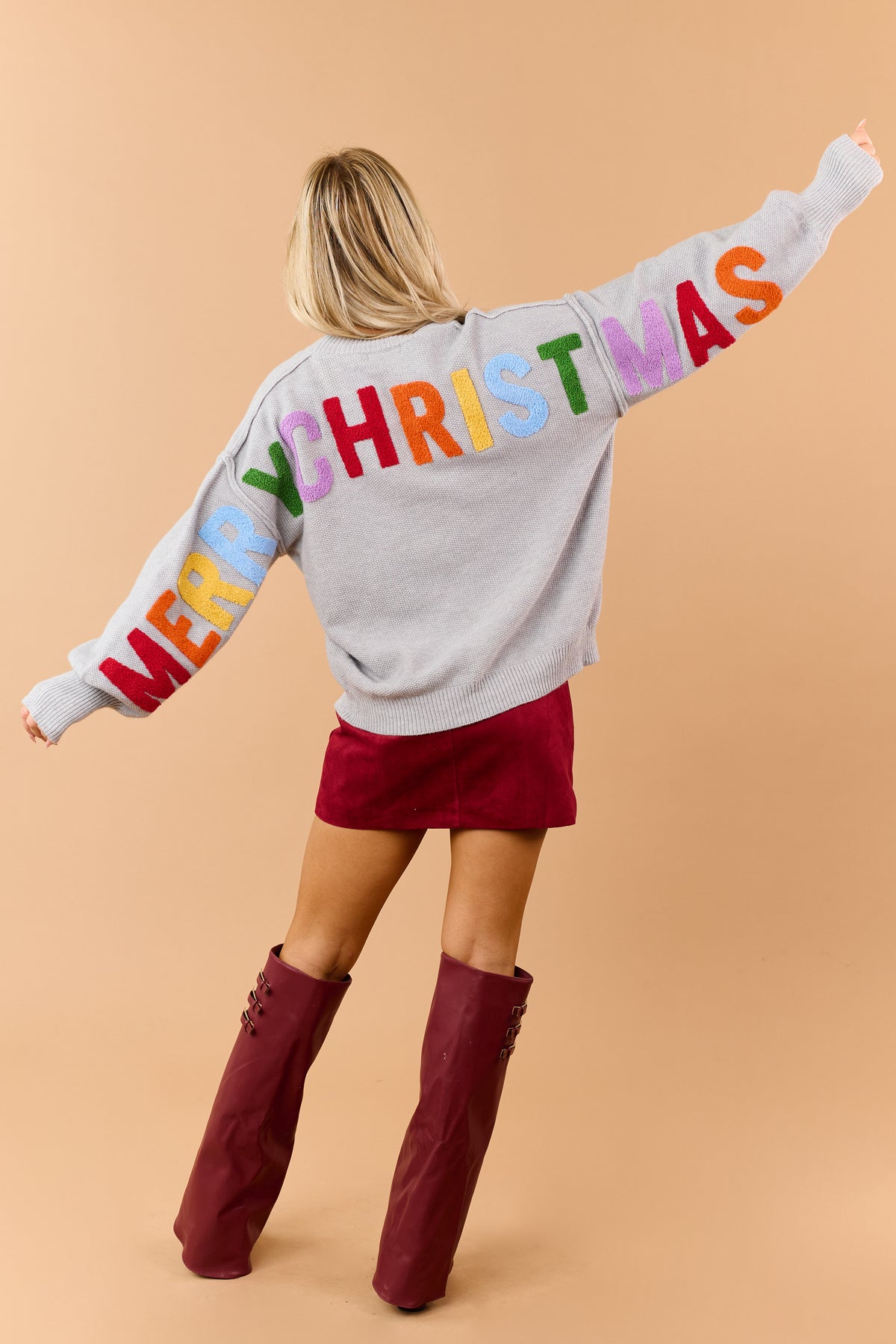Mello Dove Grey Christmas Lettering Waffle Knit Sweater