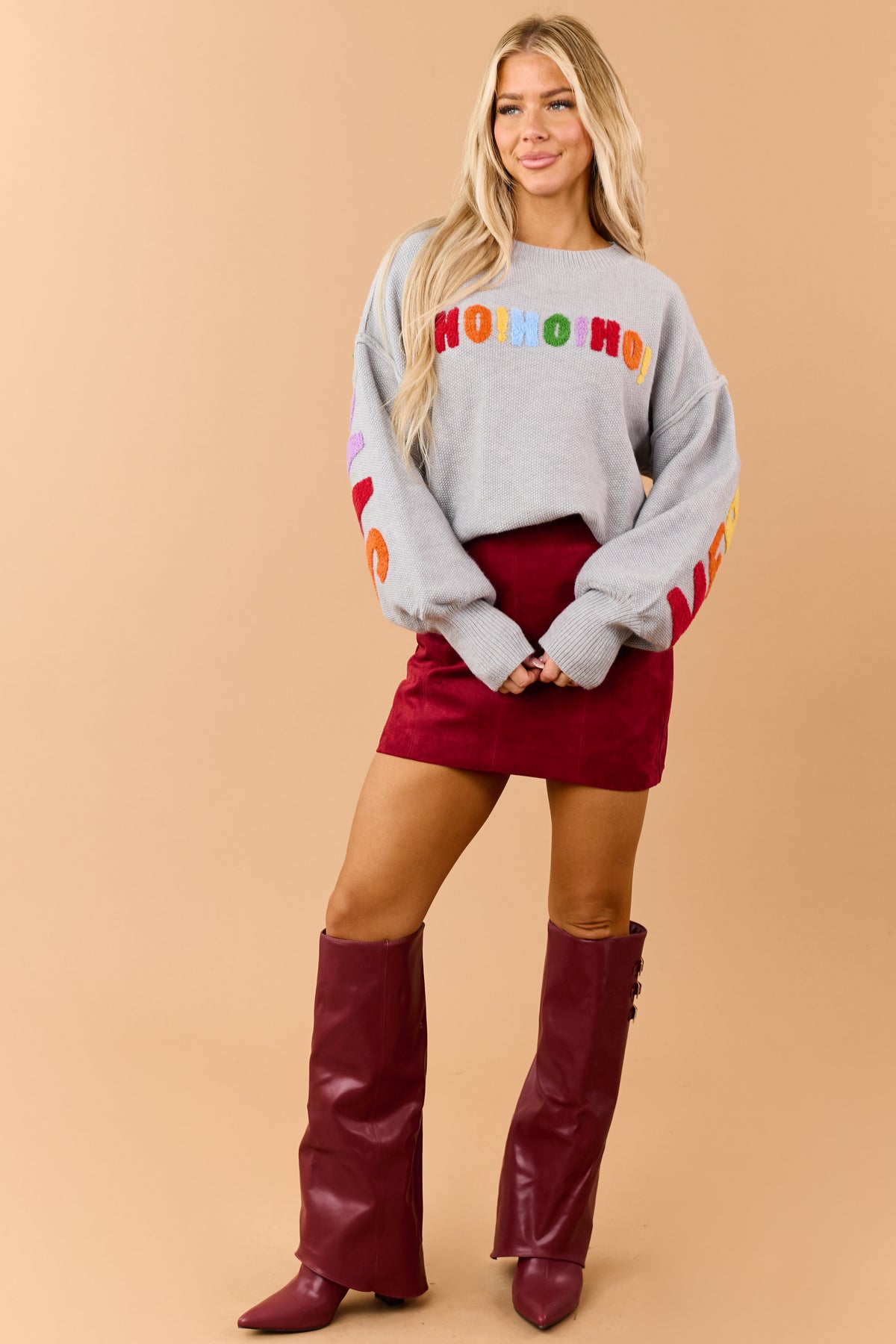 Mello Dove Grey Christmas Lettering Waffle Knit Sweater