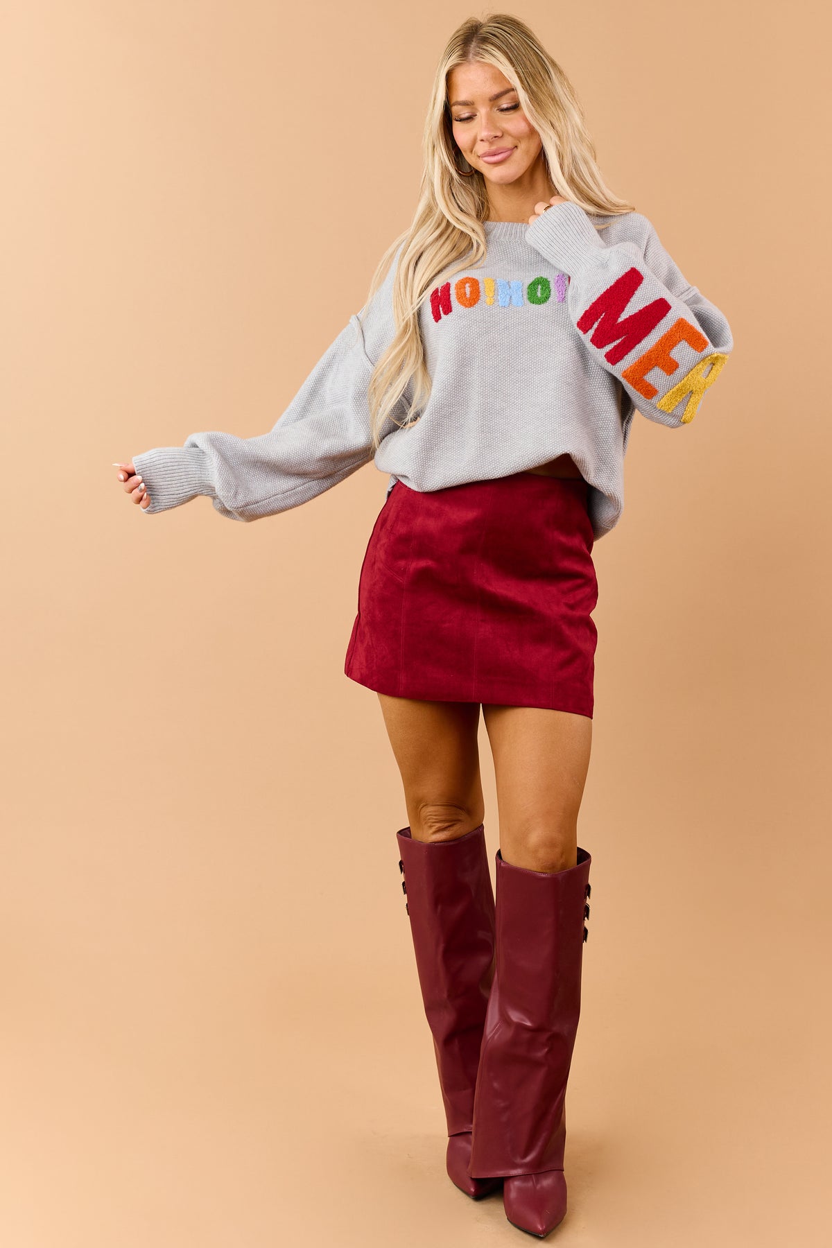 Mello Dove Grey Christmas Lettering Waffle Knit Sweater