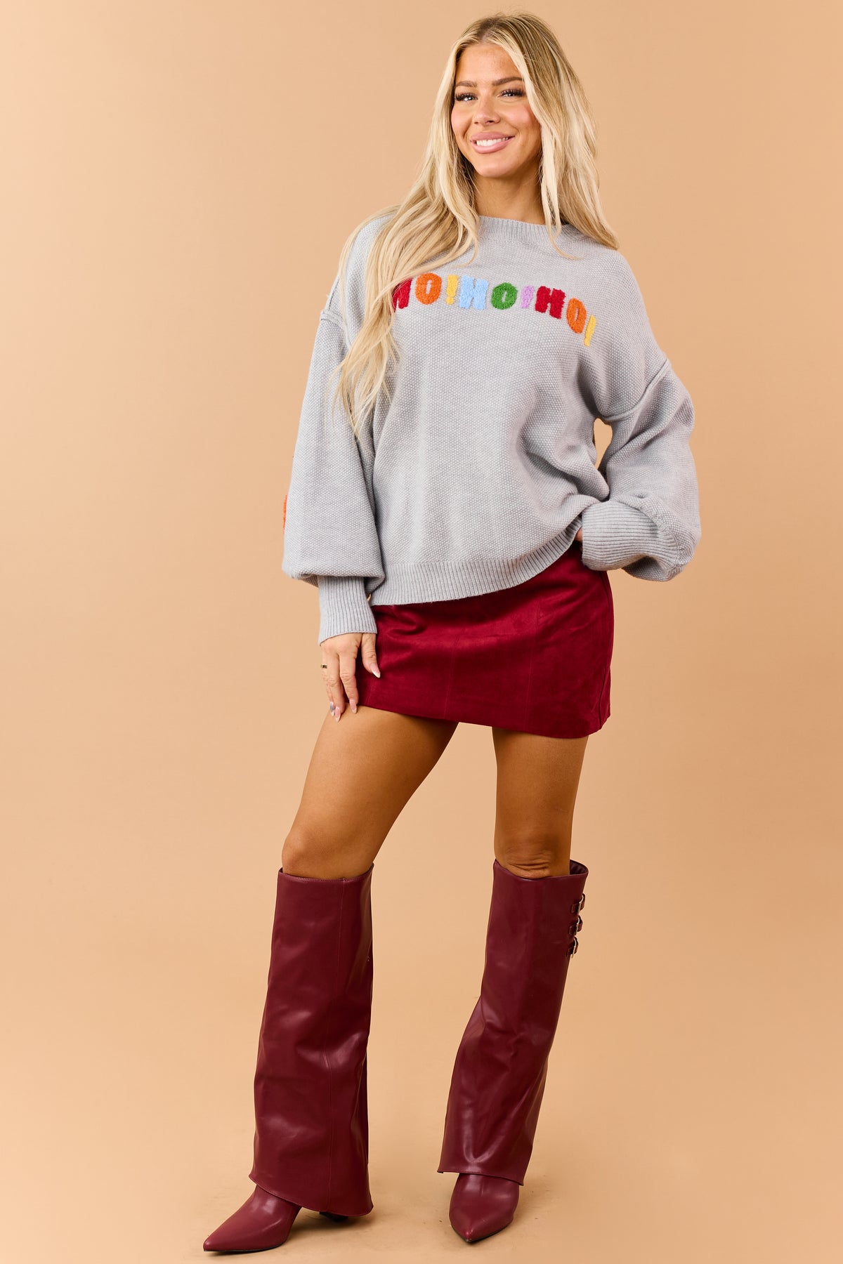 Mello Dove Grey Christmas Lettering Waffle Knit Sweater
