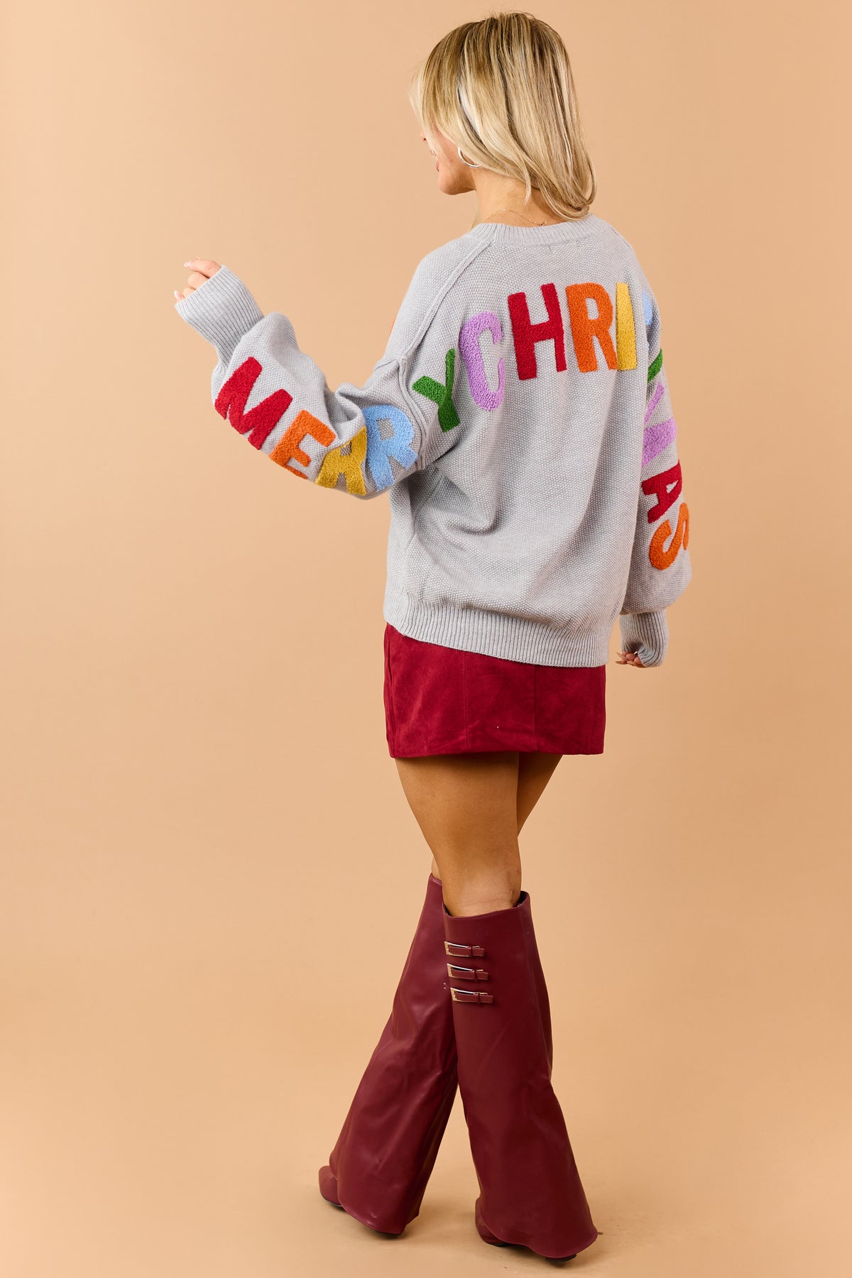 Mello Dove Grey Christmas Lettering Waffle Knit Sweater