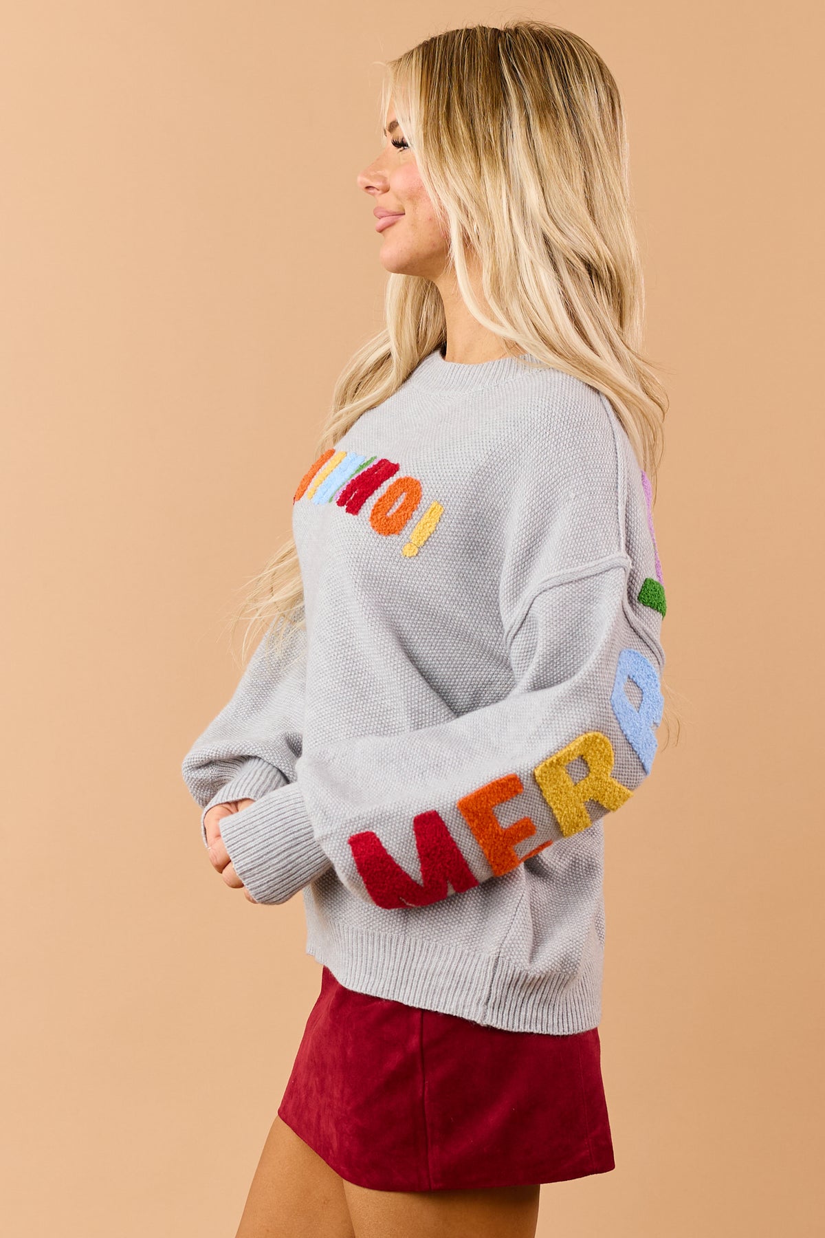 Mello Dove Grey Christmas Lettering Waffle Knit Sweater