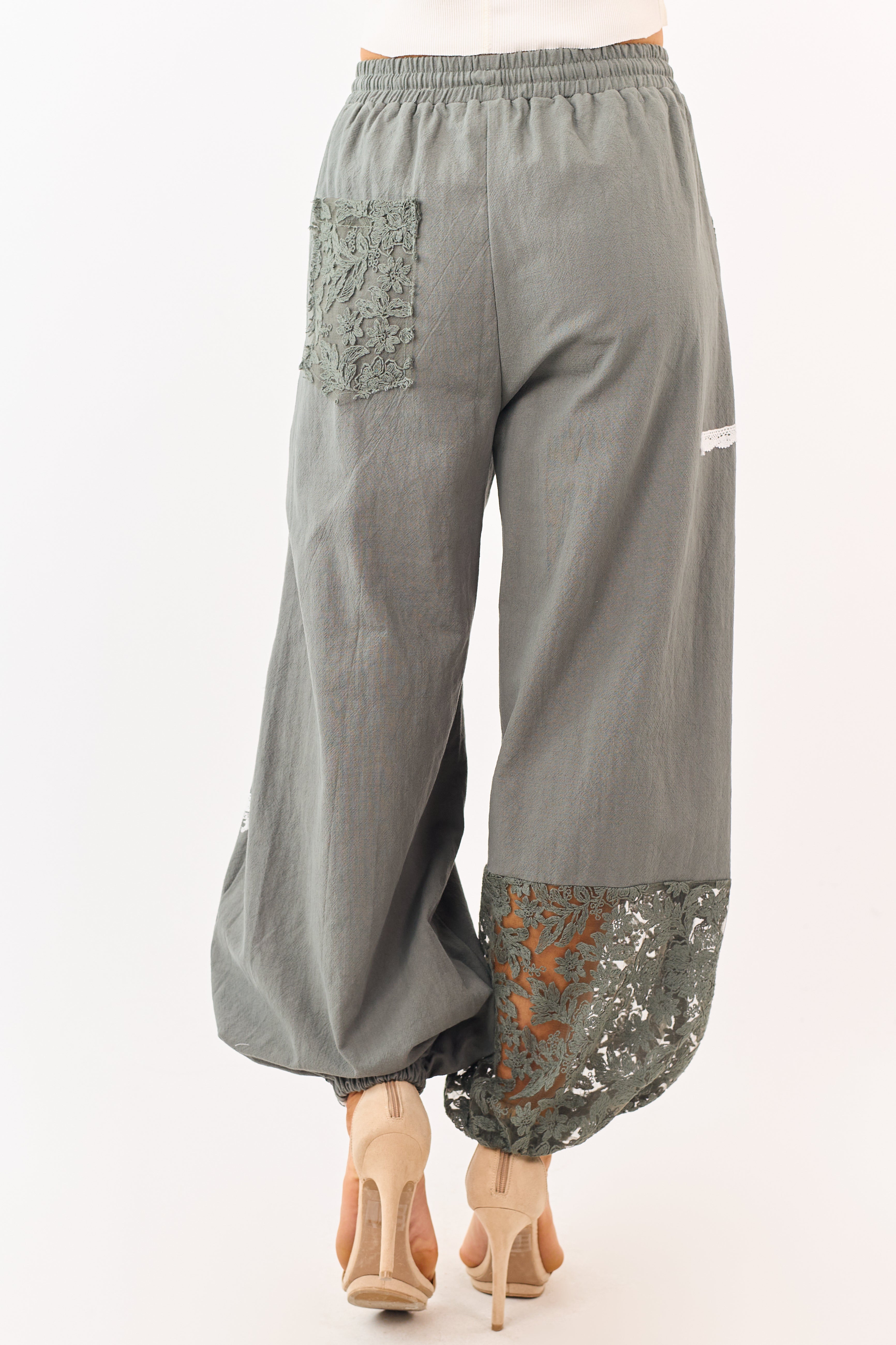 Mello Forest Green Lace Detail Cotton Jogger Pants