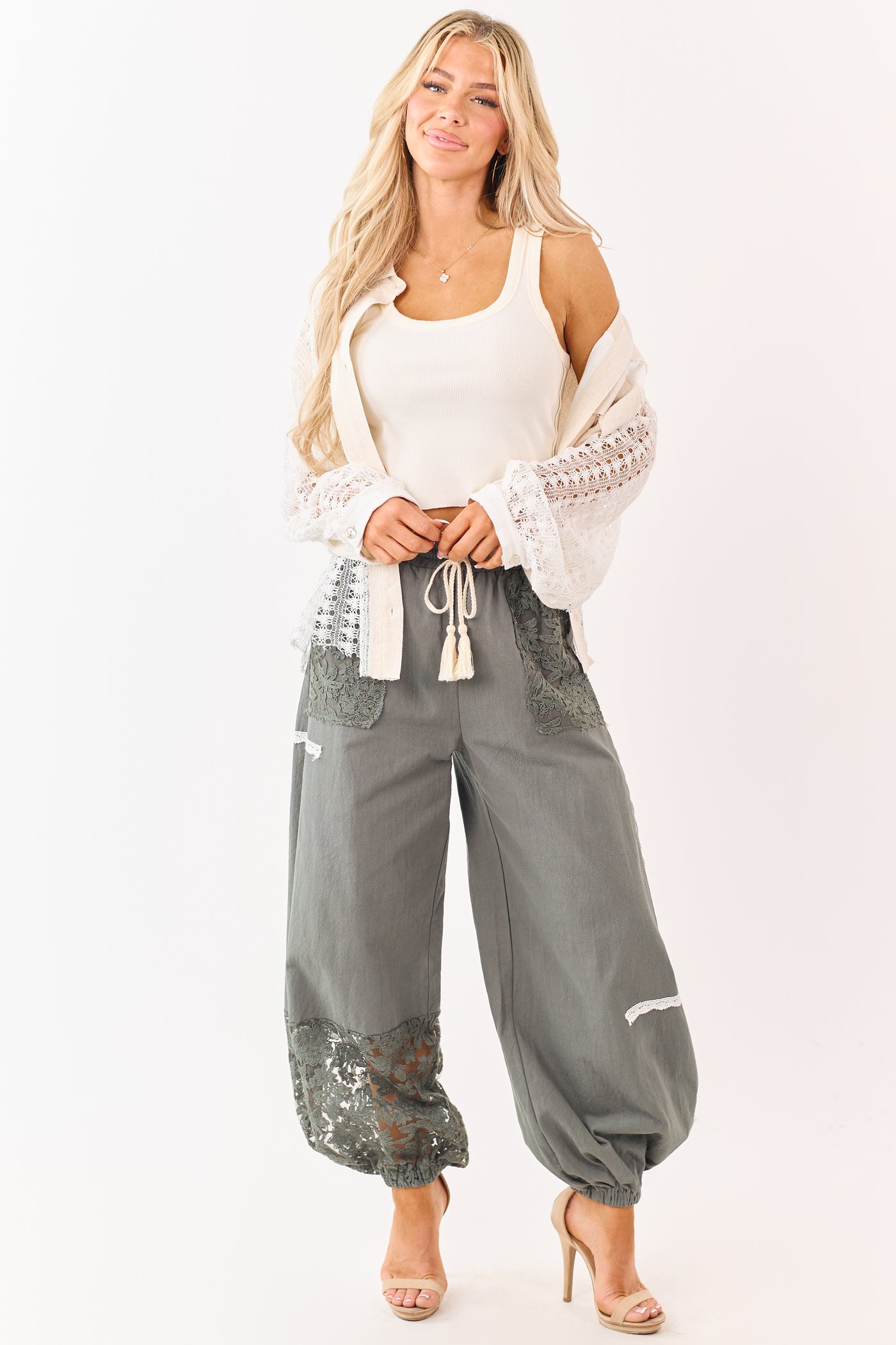 Mello Forest Green Lace Detail Cotton Jogger Pants