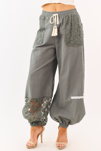 Mello Forest Green Lace Detail Cotton Jogger Pants