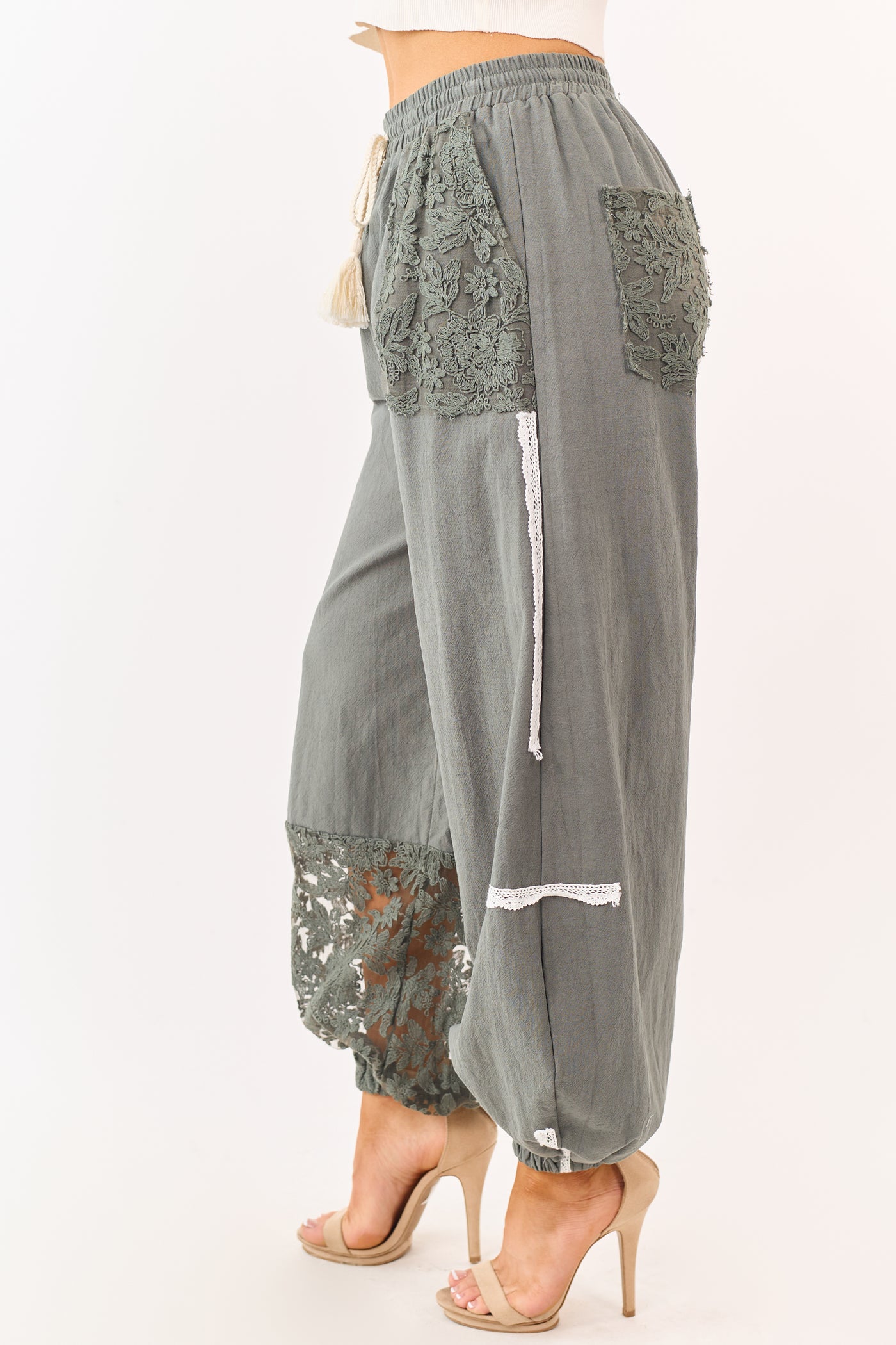 Mello Forest Green Lace Detail Cotton Jogger Pants