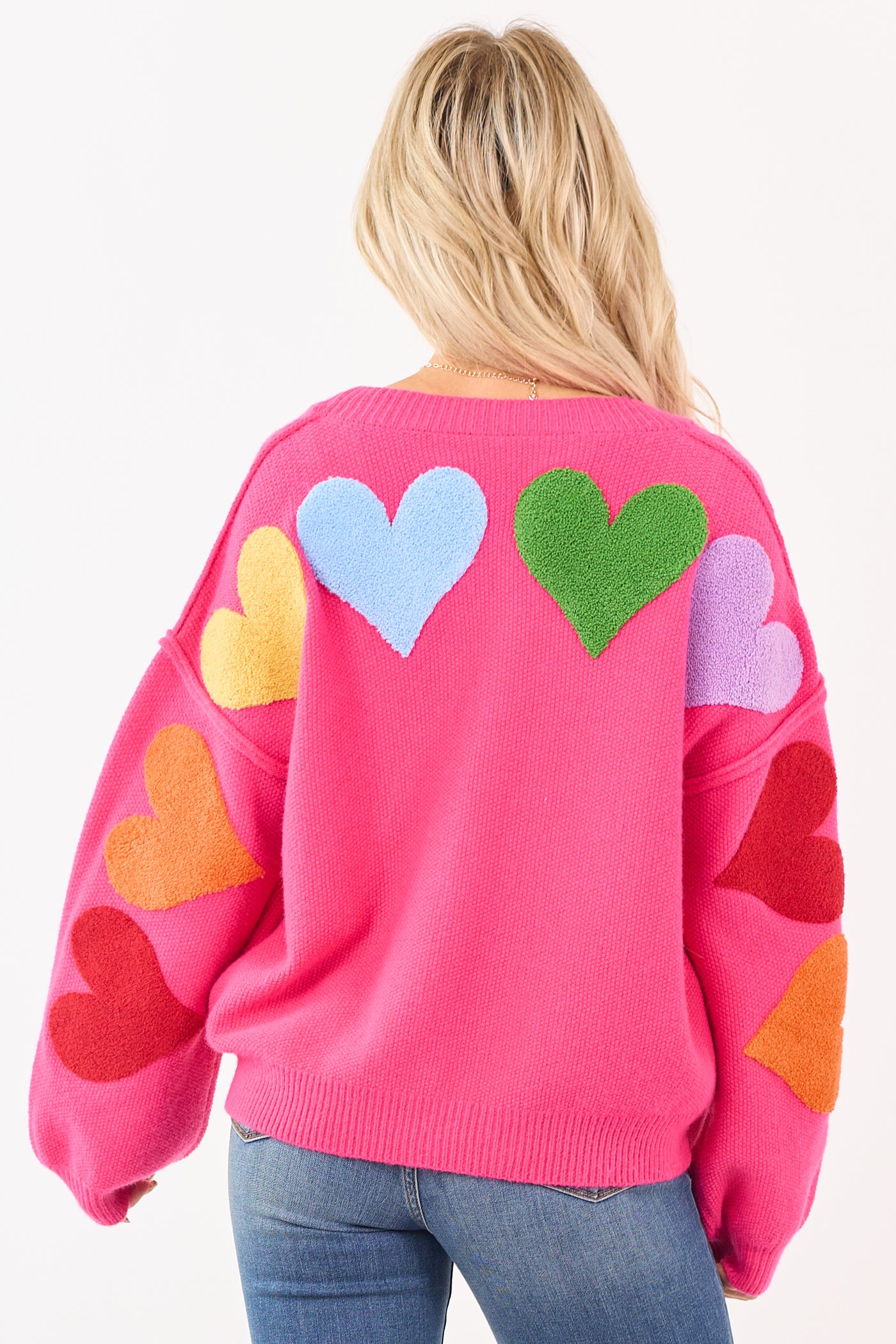 Mello Hot Pink 'Love' Lettering Heart Patchwork Cardigan