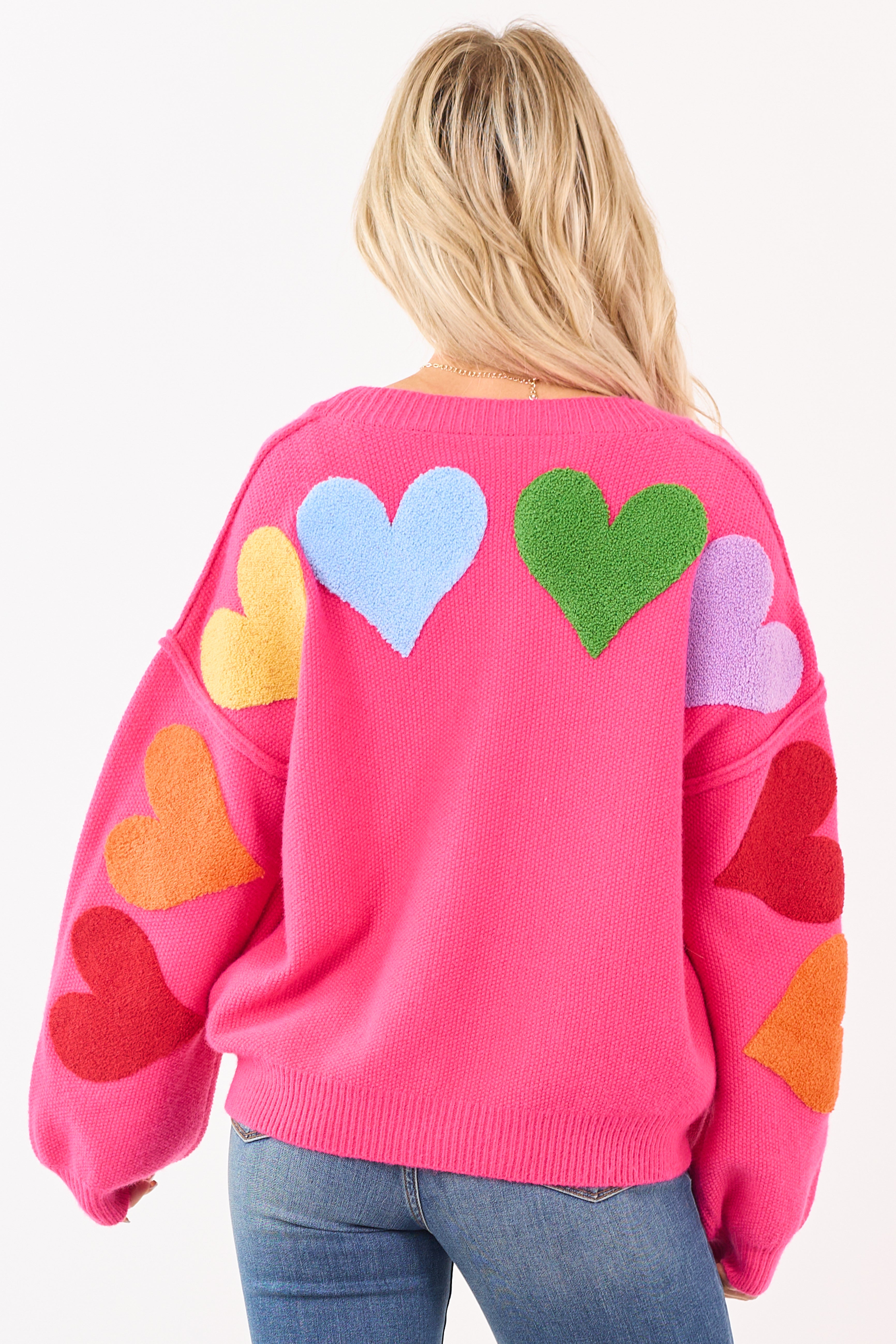 Mello Hot Pink 'Love' Lettering Heart Patchwork Cardigan