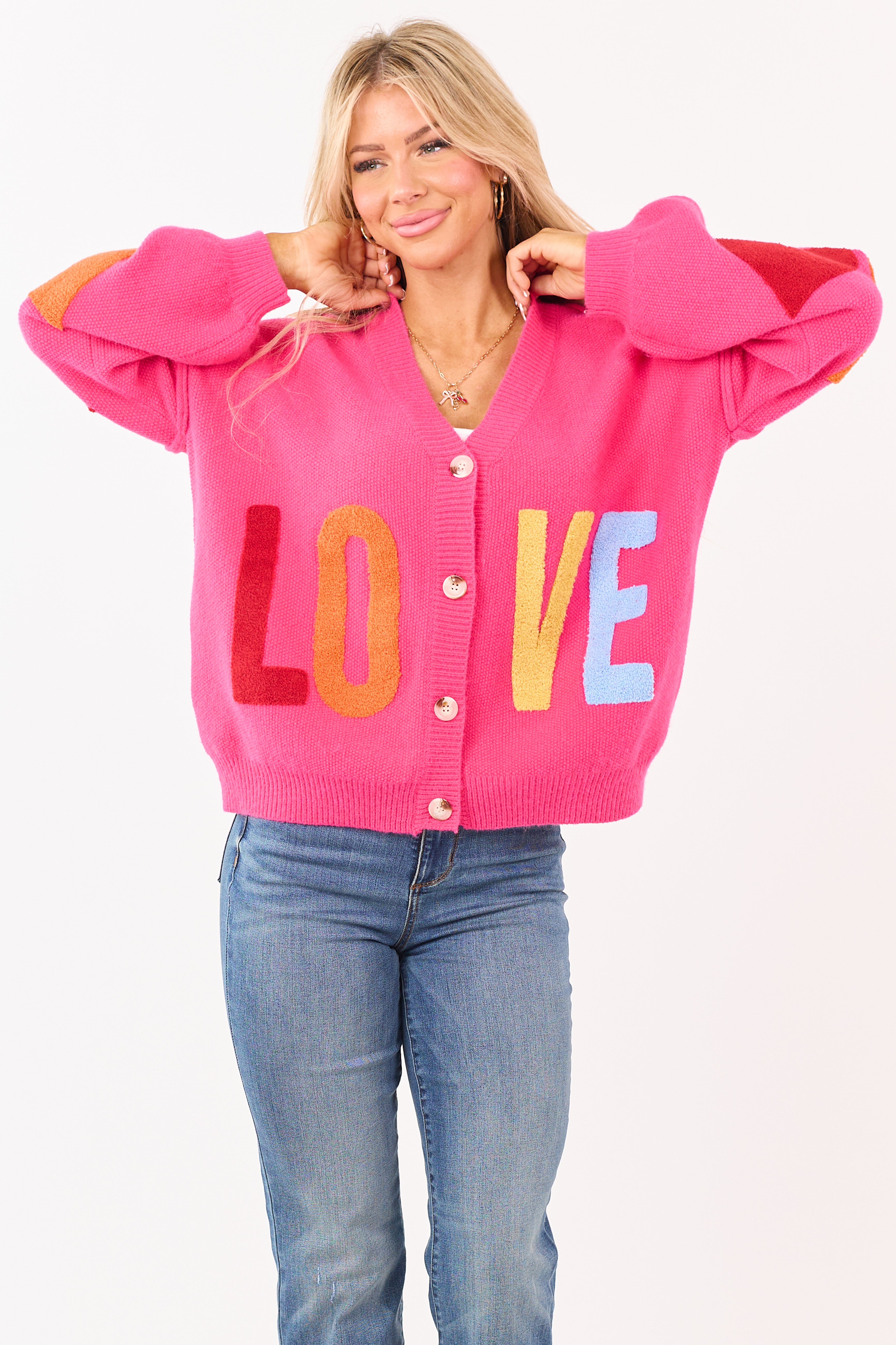 Mello Hot Pink 'Love' Lettering Heart Patchwork Cardigan