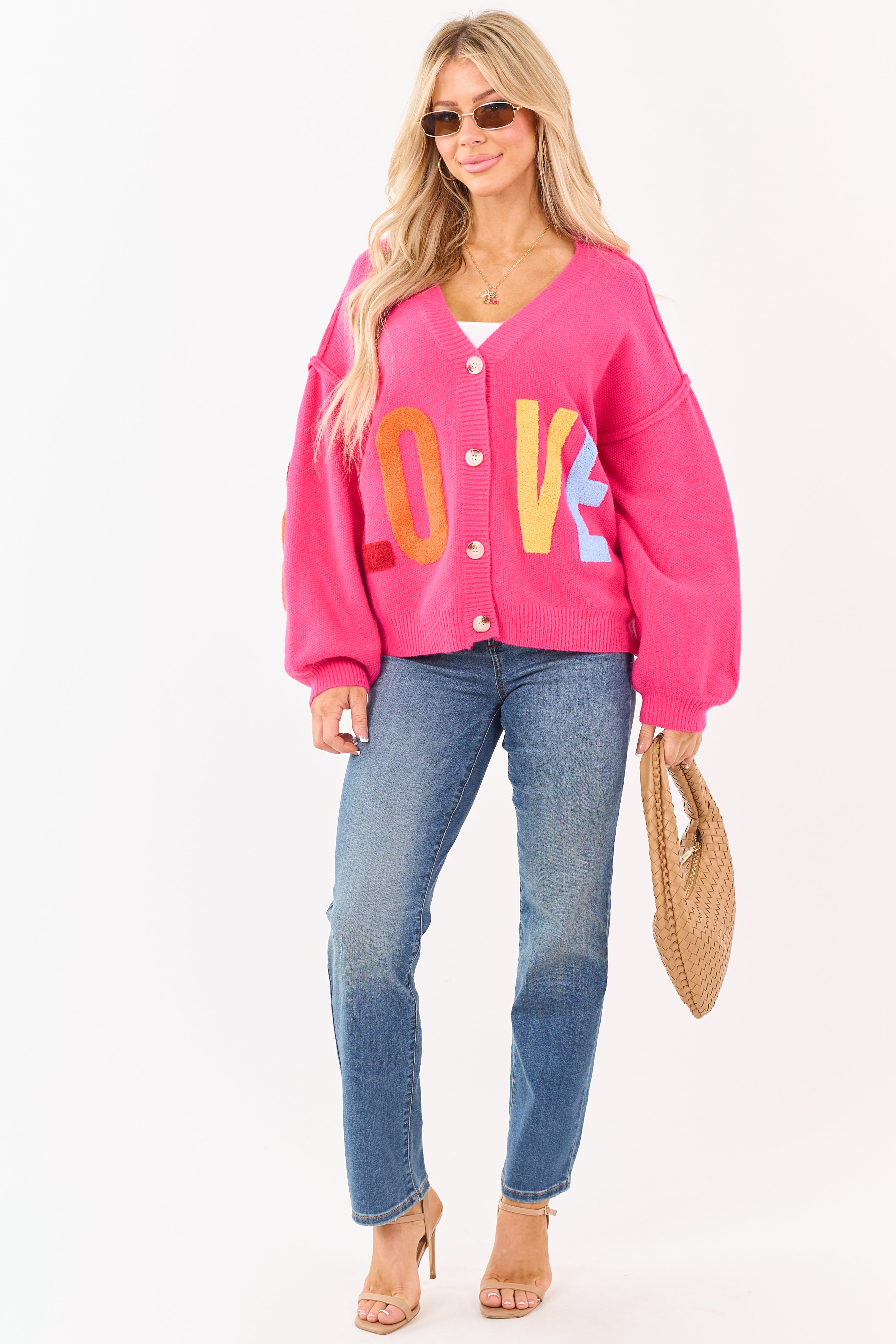 Mello Hot Pink 'Love' Lettering Heart Patchwork Cardigan