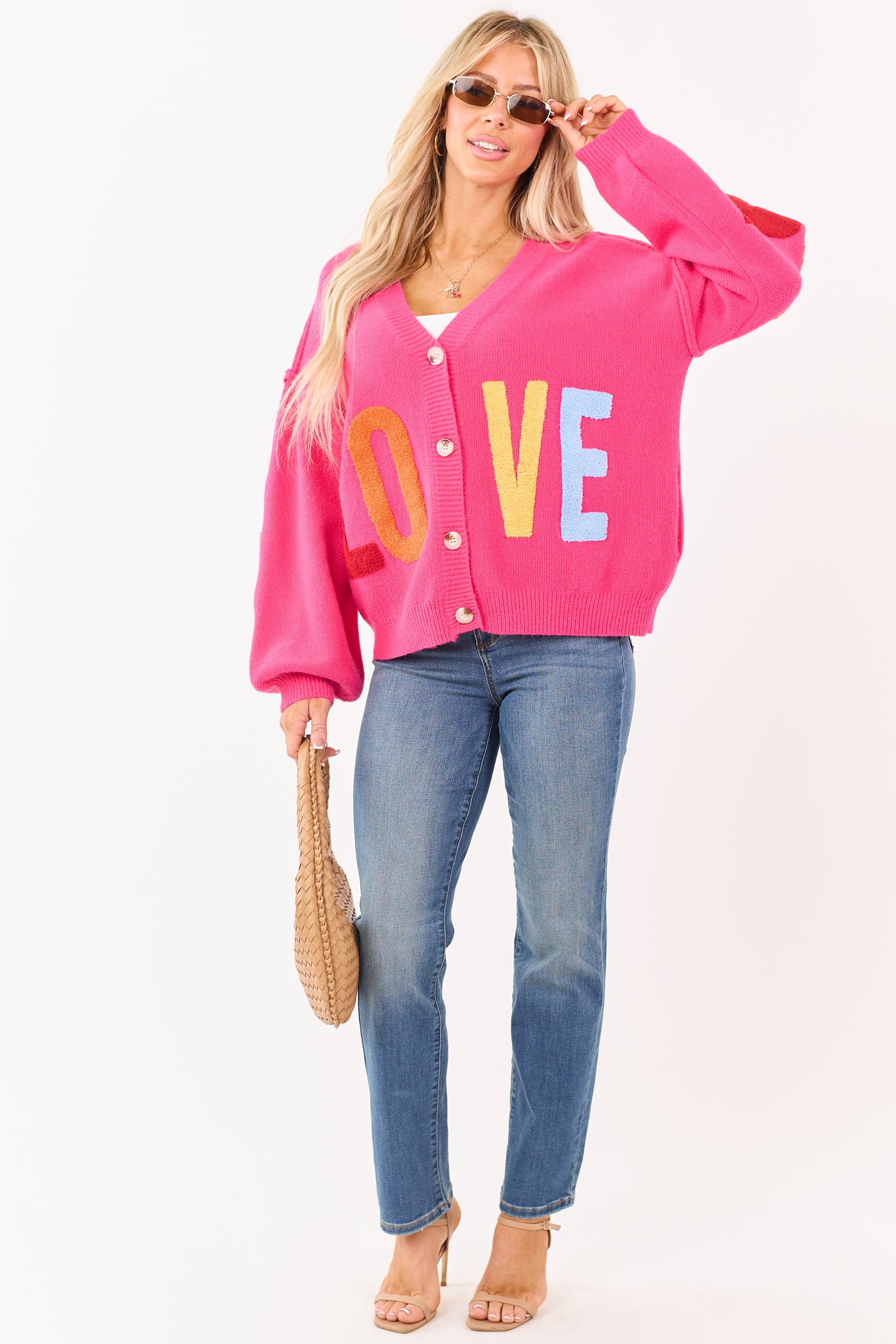 Mello Hot Pink 'Love' Lettering Heart Patchwork Cardigan