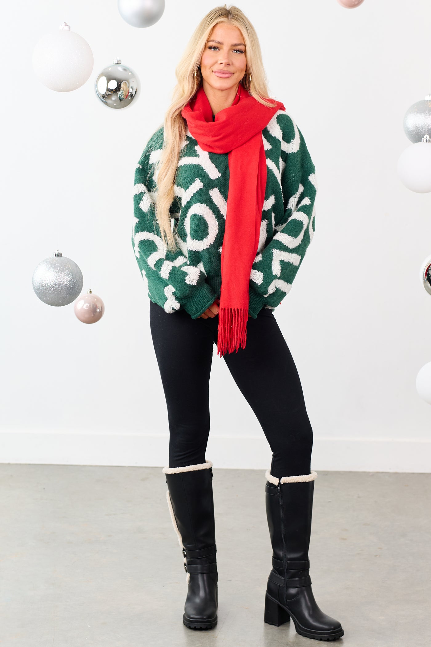 Mello Hunter Green 'Holly' Lettering Relaxed Sweater