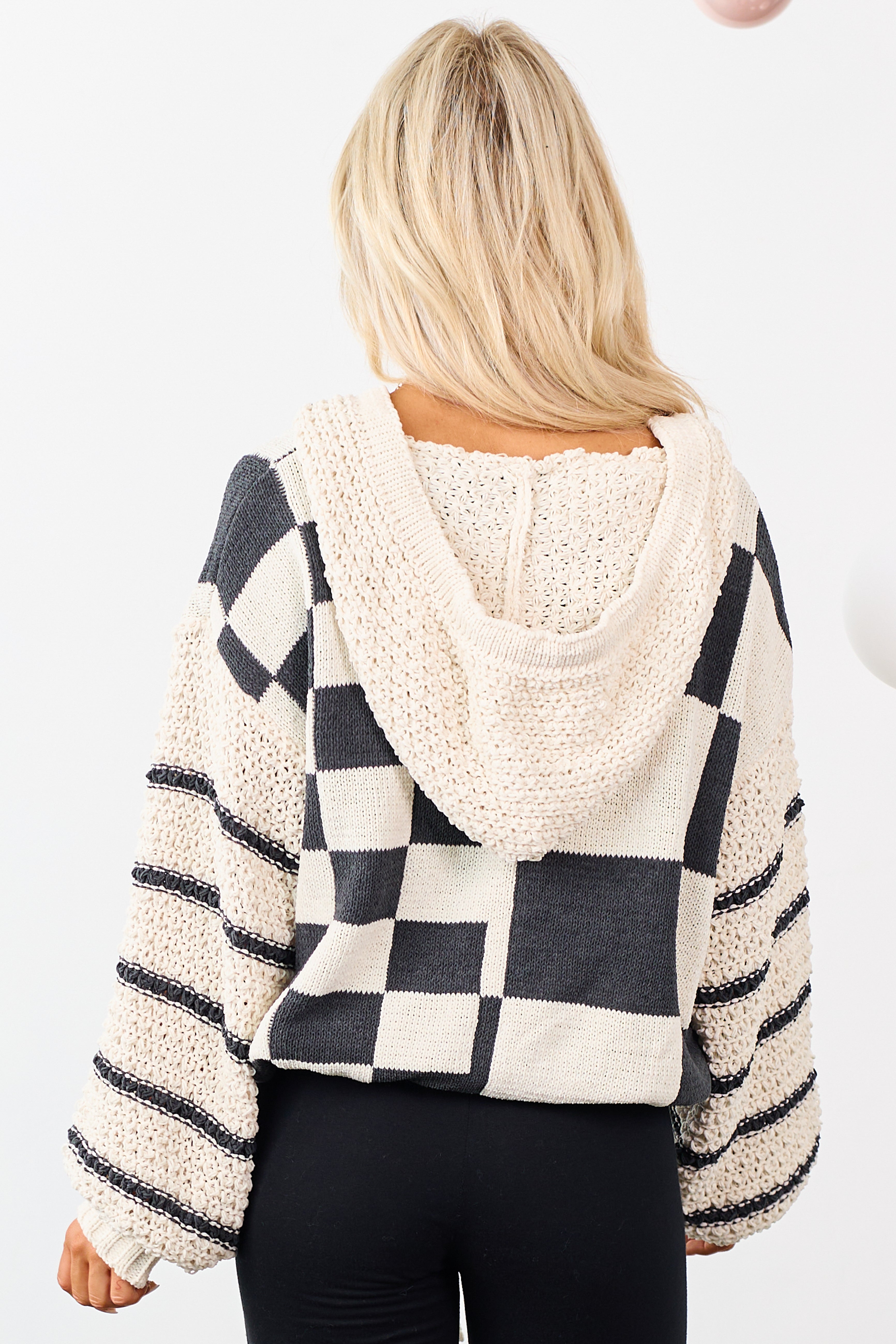 Mello Ivory Checkered and Striped Hooded Sweater