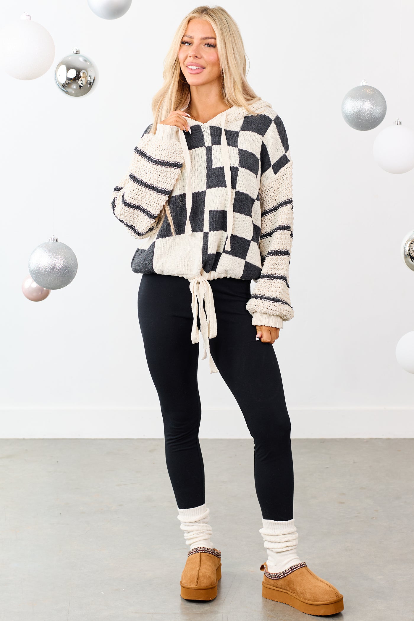 Mello Ivory Checkered and Striped Hooded Sweater