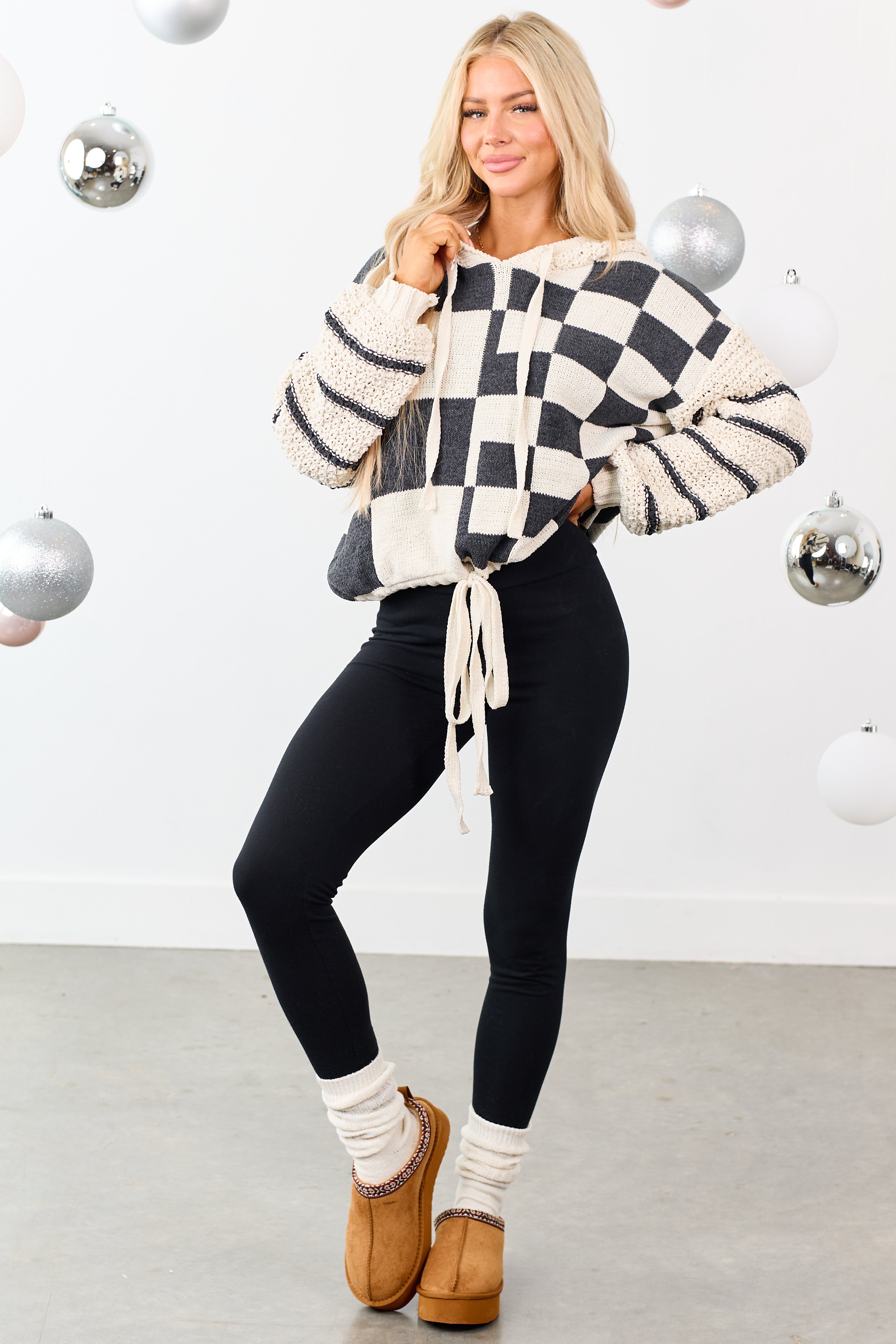 Mello Ivory Checkered and Striped Hooded Sweater